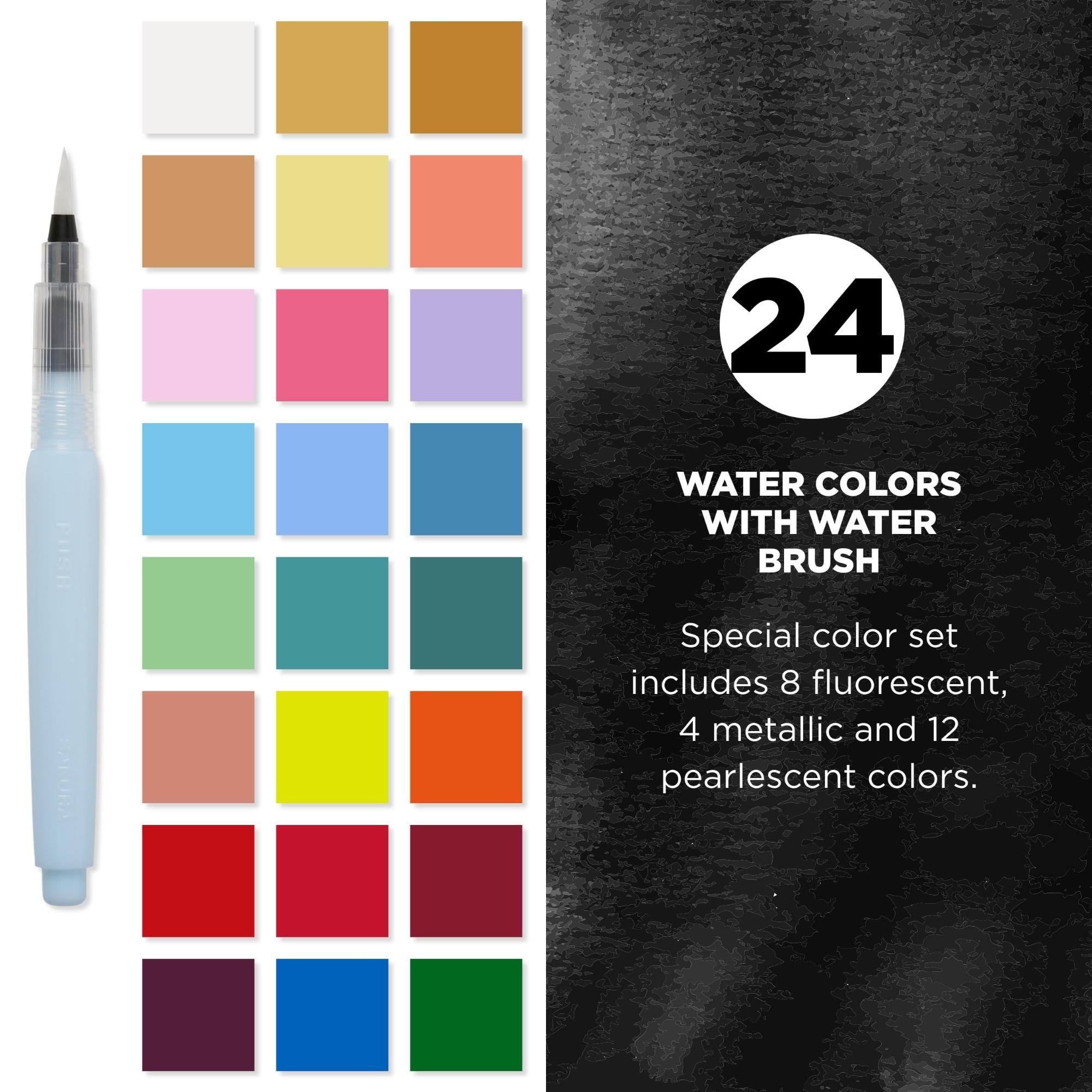 24
WATER COLORS WITH WATER BRUSH
Special color set includes 8 fluorescent, 4 metallic and 12 pearlescent colors.