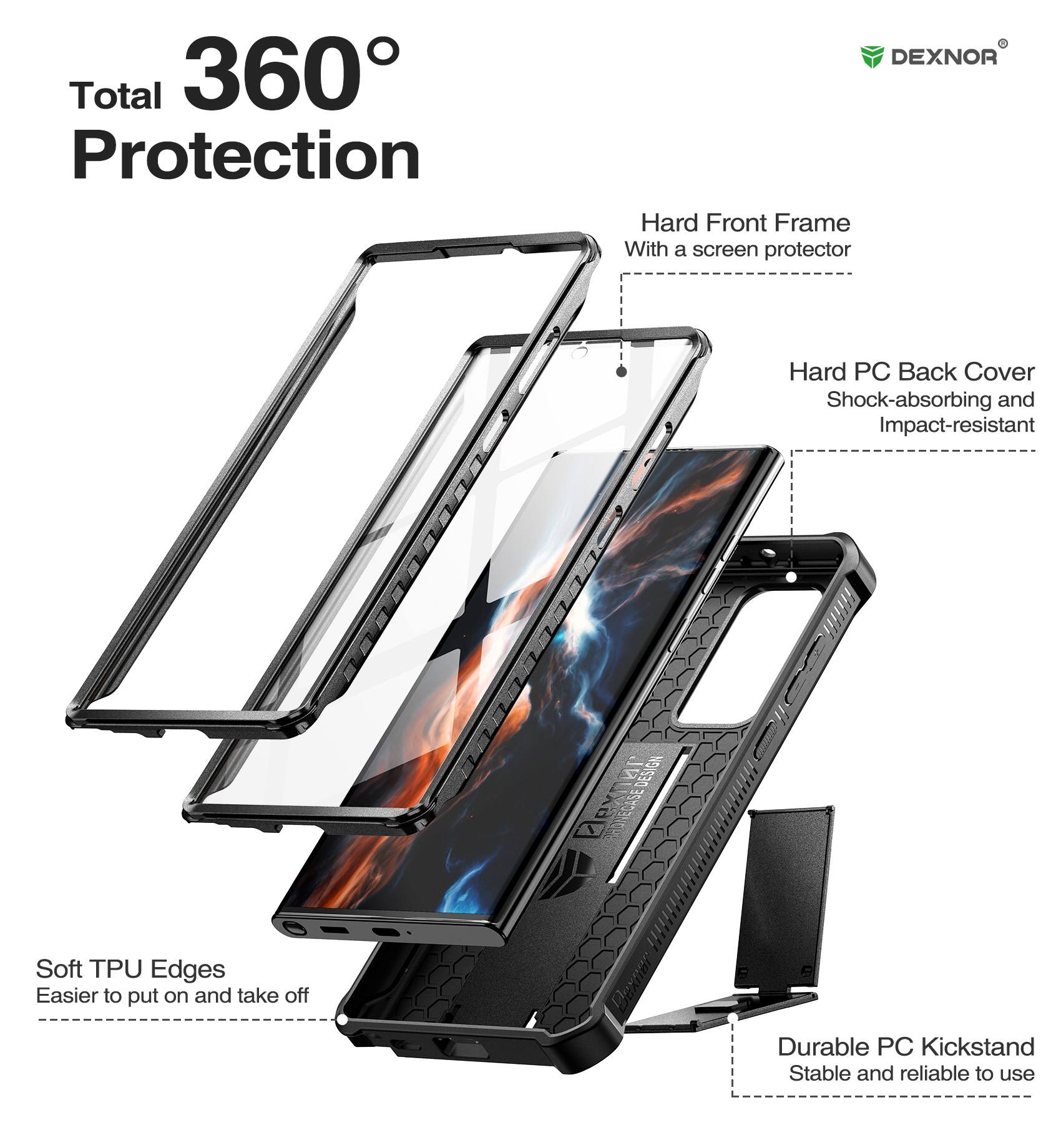 Total 360° Protection

- Hard Front Frame
  - With a screen protector

- Hard PC Back Cover
  - Shock-absorbing and Impact-resistant

- Soft TPU Edges
  - Easier to put on and take off

- Durable PC Kickstand
  - Stable and reliable to use