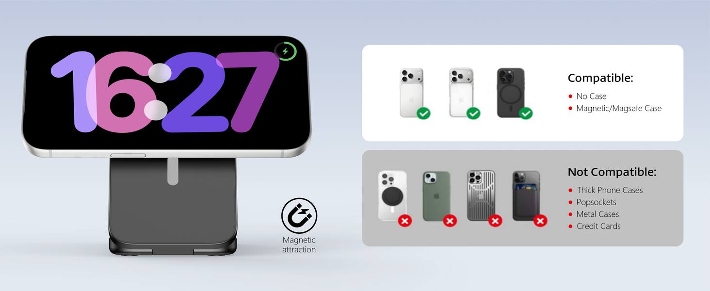 16:27 Magnetic attraction

Compatible:
- No Case
- Magnetic/Magsafe Case

Not Compatible:
- Thick Phone Cases
- Popsockets
- Metal Cases
- Credit Cards