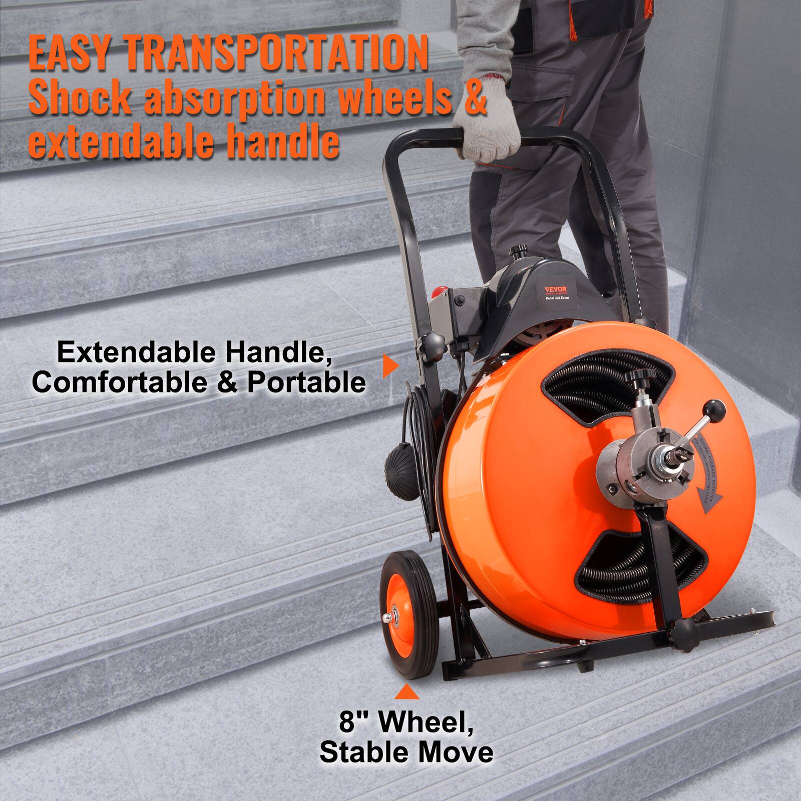 EASY TRANSPORTATION Shock absorption wheels & extendable handle
VEVOR
Extendable Handle, Comfortable & Portable
8" Wheel, Stable Move