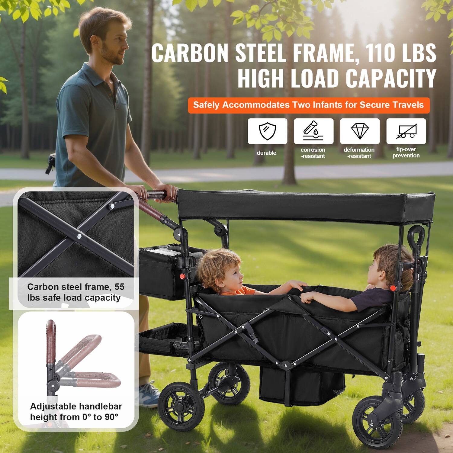 CARBON STEEL FRAME, 110 LBS HIGH LOAD CAPACITY  
Safely Accommodates Two Infants for Secure Travels  

- Durable  
- Corrosion-resistant  
- Deformation-resistant  
- Tip-over prevention  

Carbon steel frame, 55 lbs safe load capacity  

Adjustable handlebar height from 0° to 90°