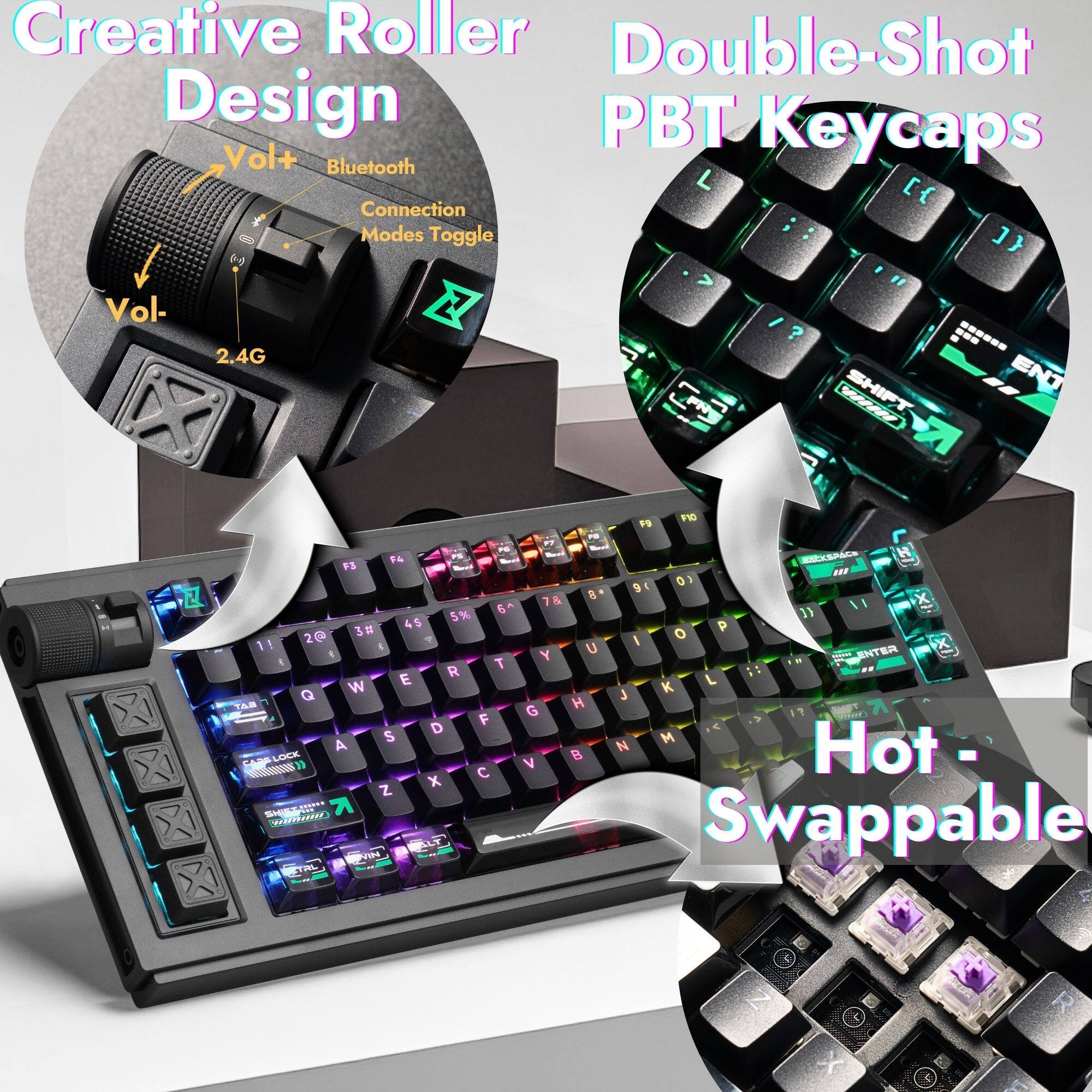 Creative Roller Double-Shot Design PBT Keycaps

- Vol+
- Bluetooth
- Connection Modes Toggle
- Vol-
- 2.4G

Hot - Swappable