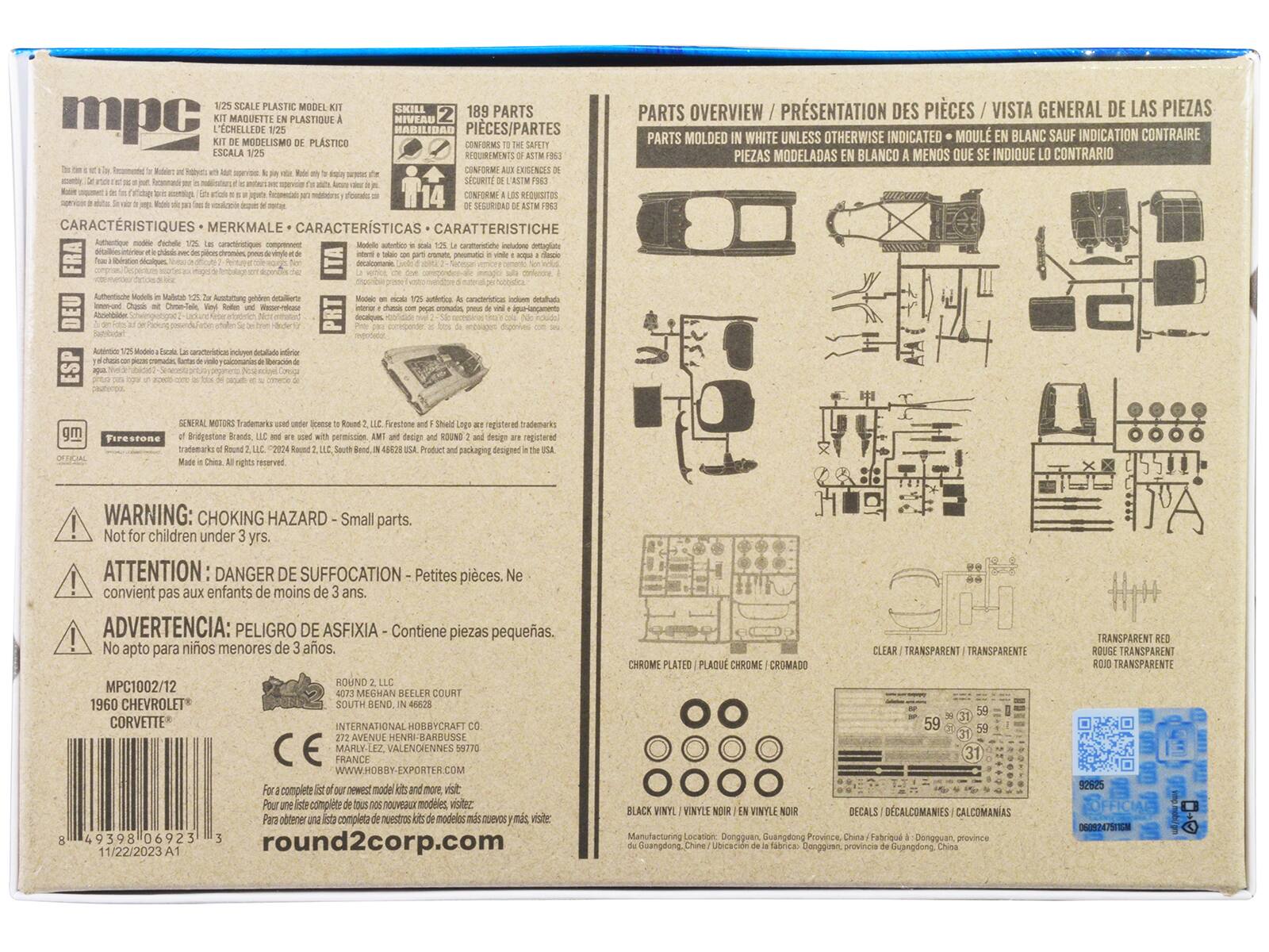 **Front Side:**

- **Title:** MPC 1/25 SCALE PLASTIC MODEL KIT
- **Subtitle:** KIT MAGNETIQUE DE 1/25
- **Skill Level:** SKILL LEVEL 2
- **Parts Count:** 189 PARTS
- **Conforms to Safety Requirements:** CONFORMS TO SAFETY REQUIREMENTS OF ASTM F963
- **Conforms to Safety Requirements:** CONFORME AUX EXIGENCES DE SÉCURITÉ DE L'ASTM F963
- **Conforms to Safety Requirements:** CONFORMA A LAS EXIGENCIAS DE SEGURIDAD DE ASTM F963
- **Conforms to Safety Requirements:** CONFORME A LAS REQUISITOS DE SEGURIDAD DE ASTM F963
- **Conforms to Safety Requirements:** CONFORME A LAS REQUISITOS DE SEGURIDAD DE ASTM F963
- **Conforms to Safety Requirements:** CONFORME A LAS REQUISITOS DE SEGURIDAD DE ASTM F963
- **Conforms to Safety Requirements:** CONFORME A LAS REQUISITOS DE SEGURIDAD DE ASTM