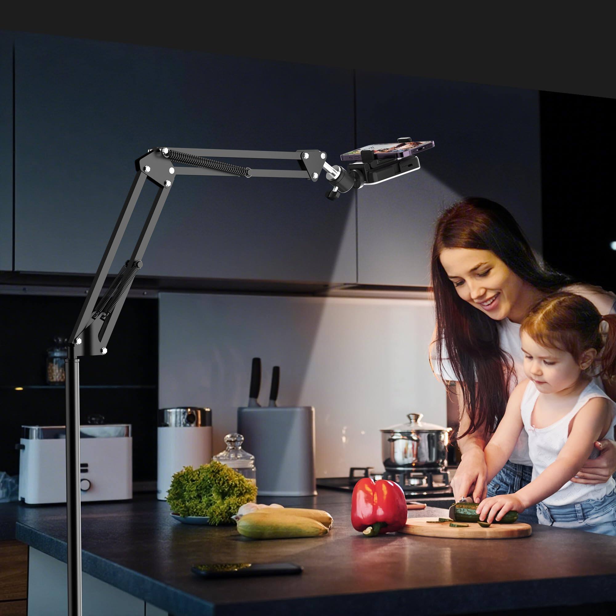 Alt View 5. METALTON - Floor Overhead Phone Tripod With Rechargeable Light For Cooking Videos Move Around Stand Ring Content Creat... - Default.