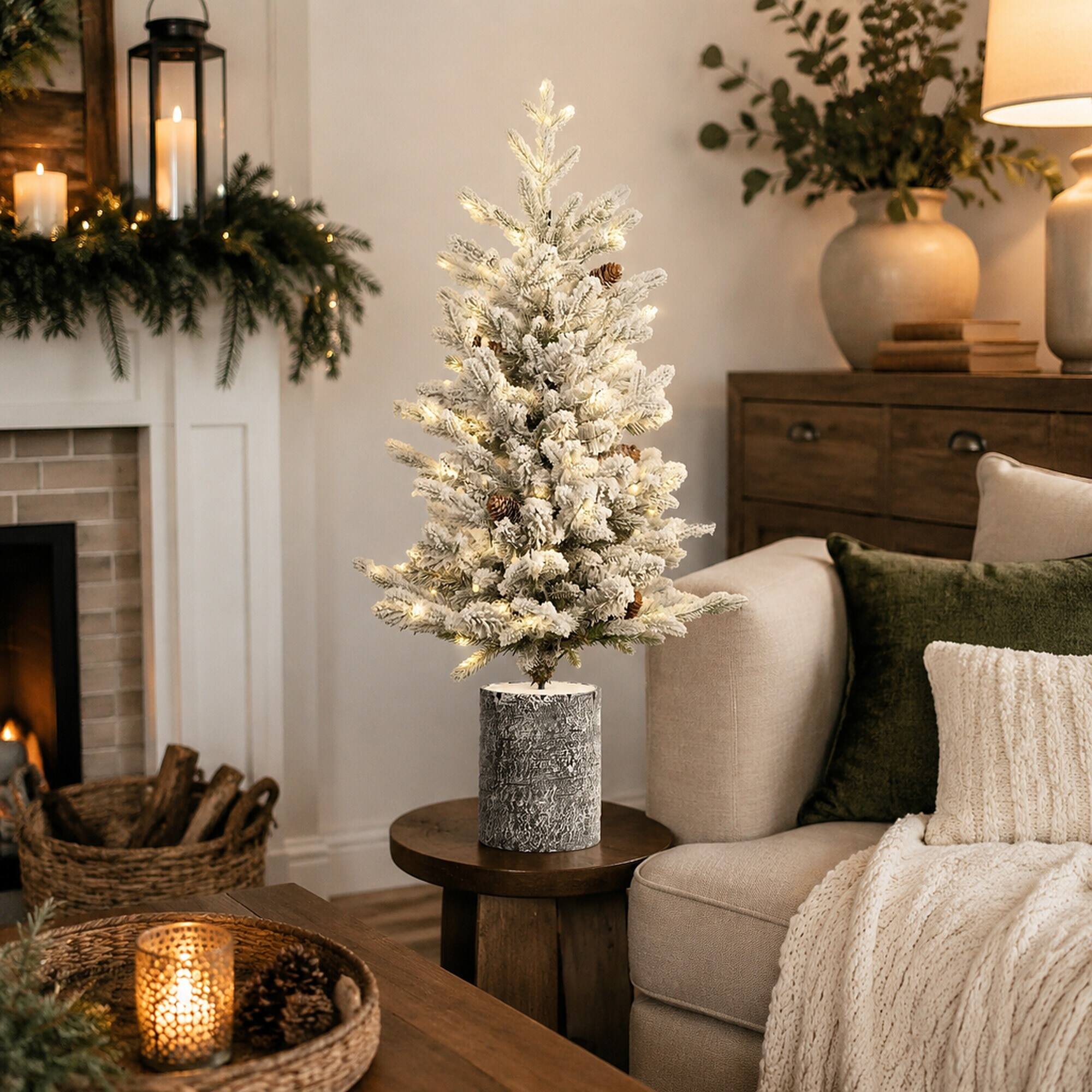 Left. RYHNUYNE - 2FT Mini Flocked Pre-Lit Christmas Tree, 30 Warm White LED Lights 189 Tips PE+PVC 3 Pine Cones Pot Base Tabletop - White+Green.