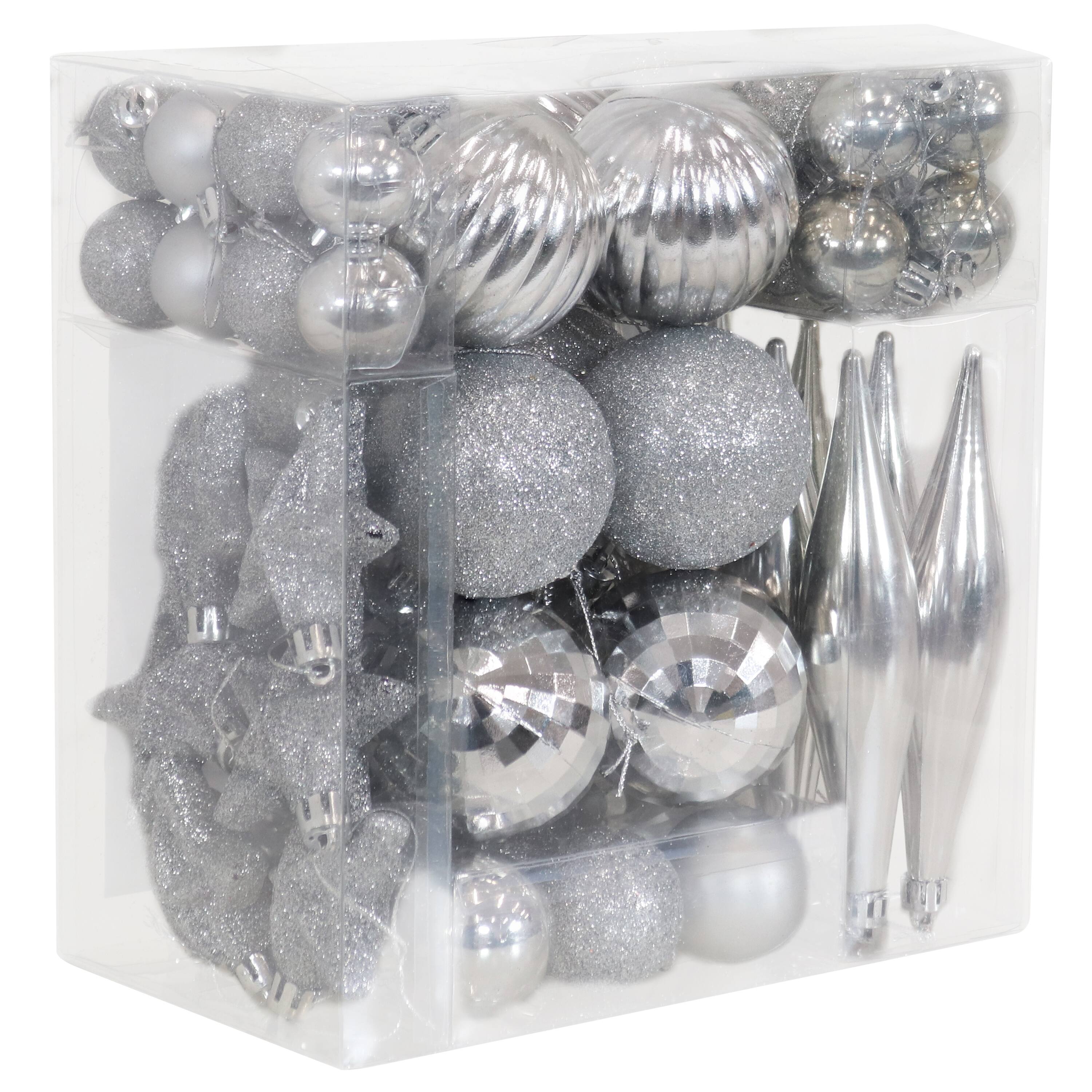 Front. Sunnydaze - Deck the Hall 59-Piece Christmas Ornament Set - Assorted - Silver.