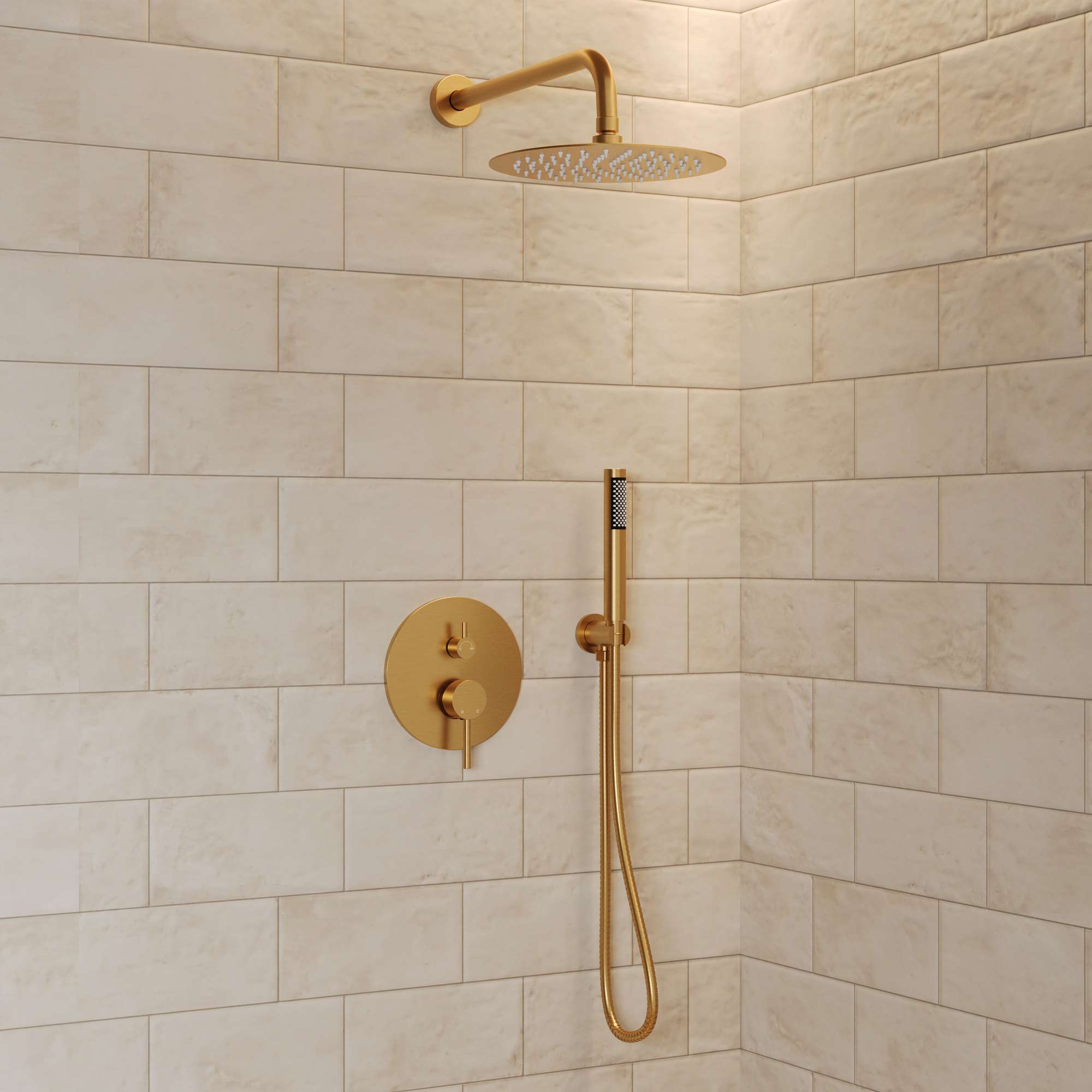 Angle. GRANDJOY - Pressure Balanced Shower System with 10" Rain Shower Head, Handheld Shower and Anti‑Scald Valve - Brushed Gold.