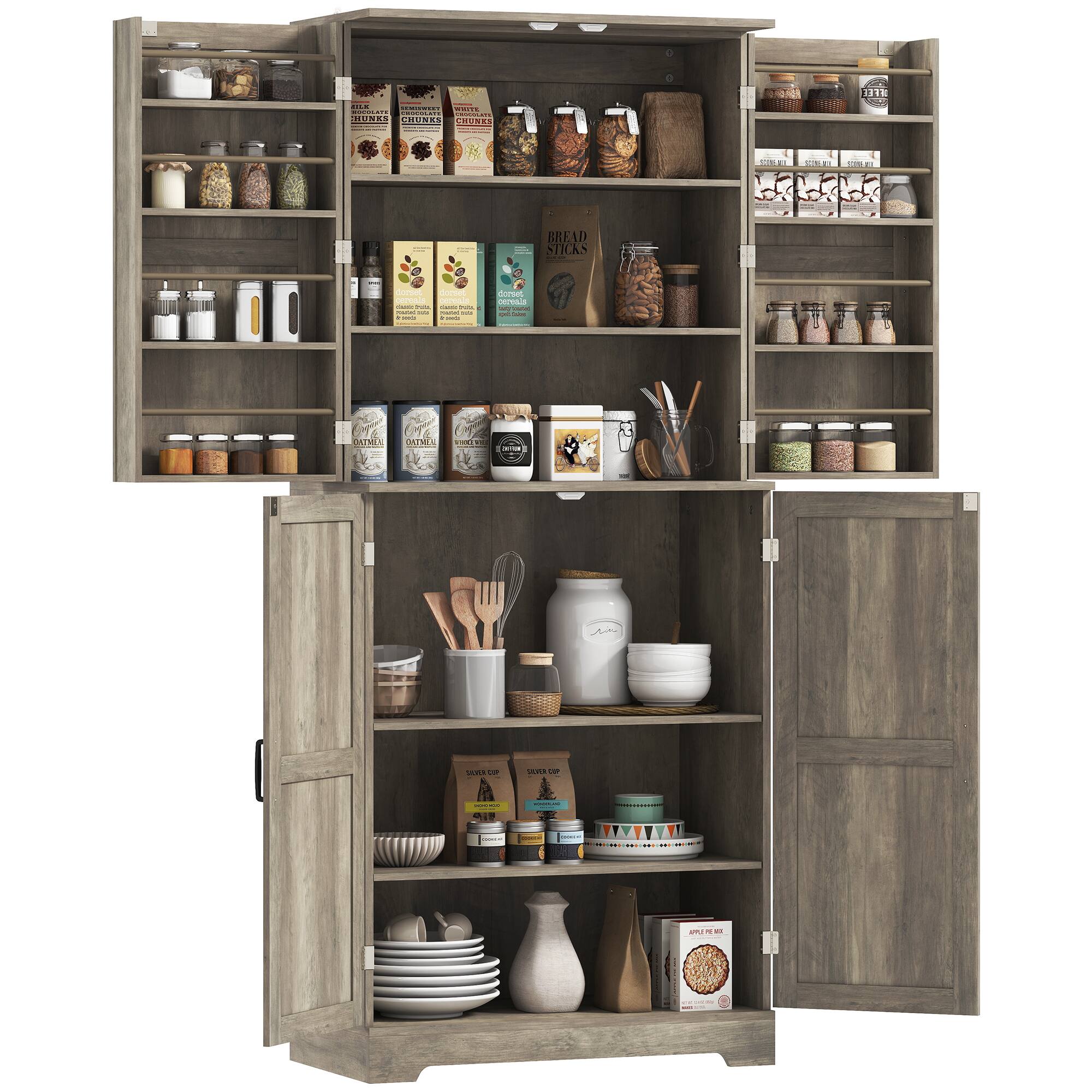 Homcom - 72" Farmhouse Kitchen Pantry Cabinet, Freestanding Tall Storage Cabinet with 4 Barn Doors, 4 Adjustable Shelves - Grey Wash