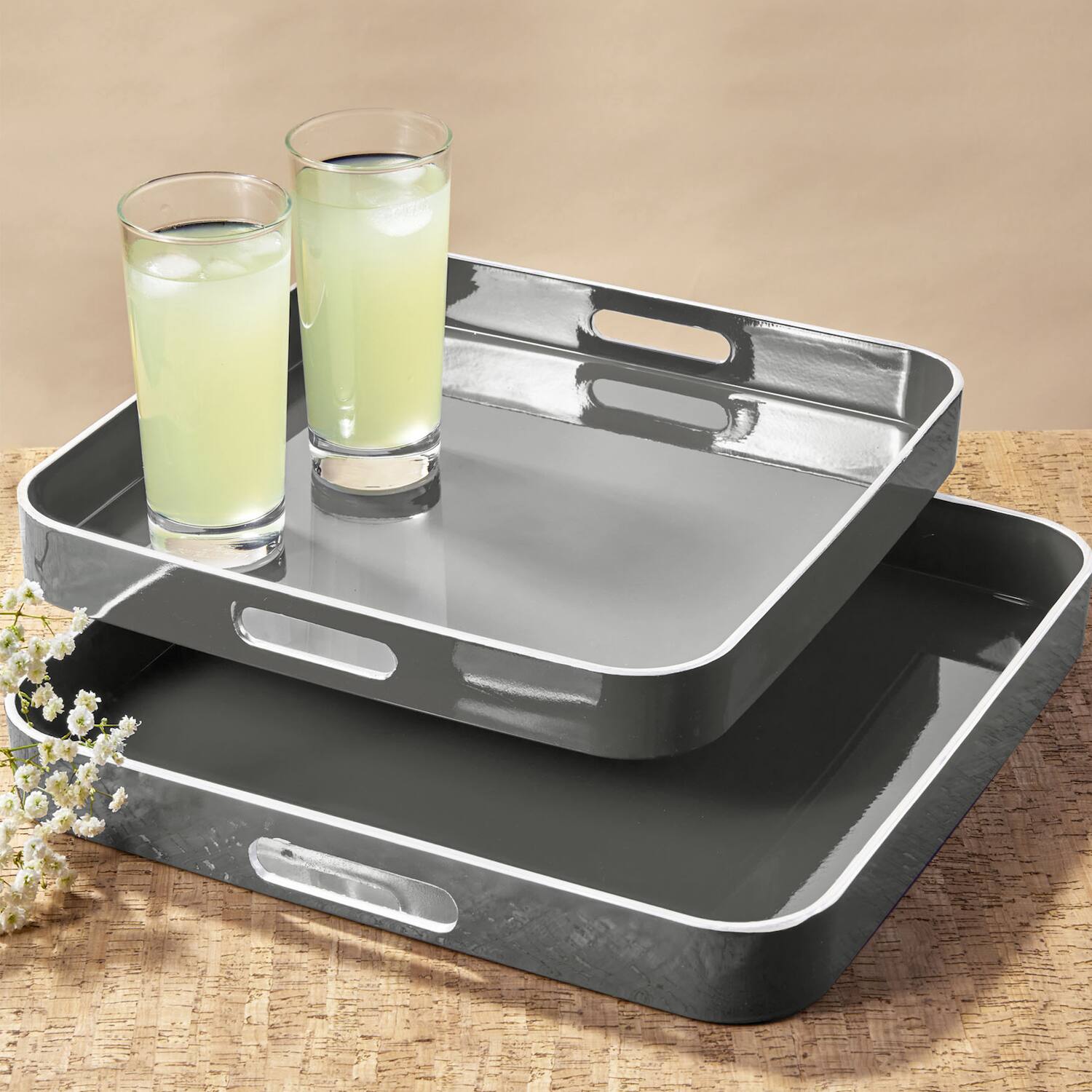 Left. Jay Import - Gray Square Tray Set with White Rim, 2 Pieces - Gray.