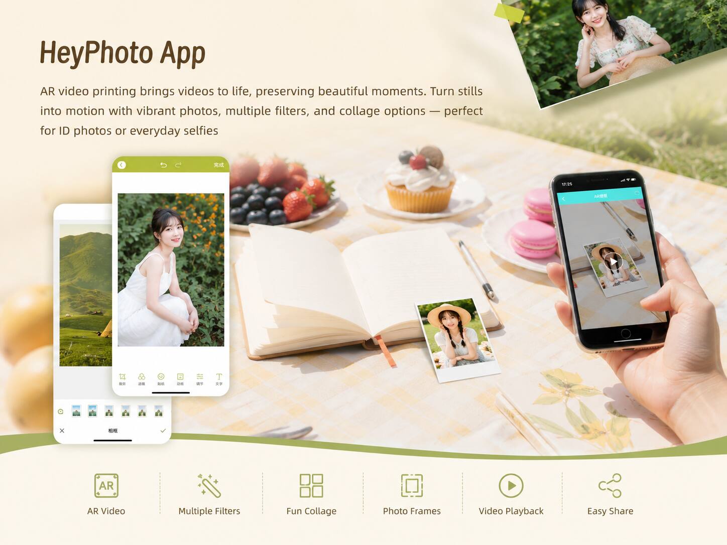 HeyPhoto App

AR video printing brings videos to life, preserving beautiful moments. Turn stills into motion with vibrant photos, multiple filters, and collage options - perfect for ID photos or everyday selfies

17:25
ARES

28
-
2019
-
T
x

AR
AR Video
Multiple Filters
Fun Collage
Photo Frames
Video Playback
Easy Share