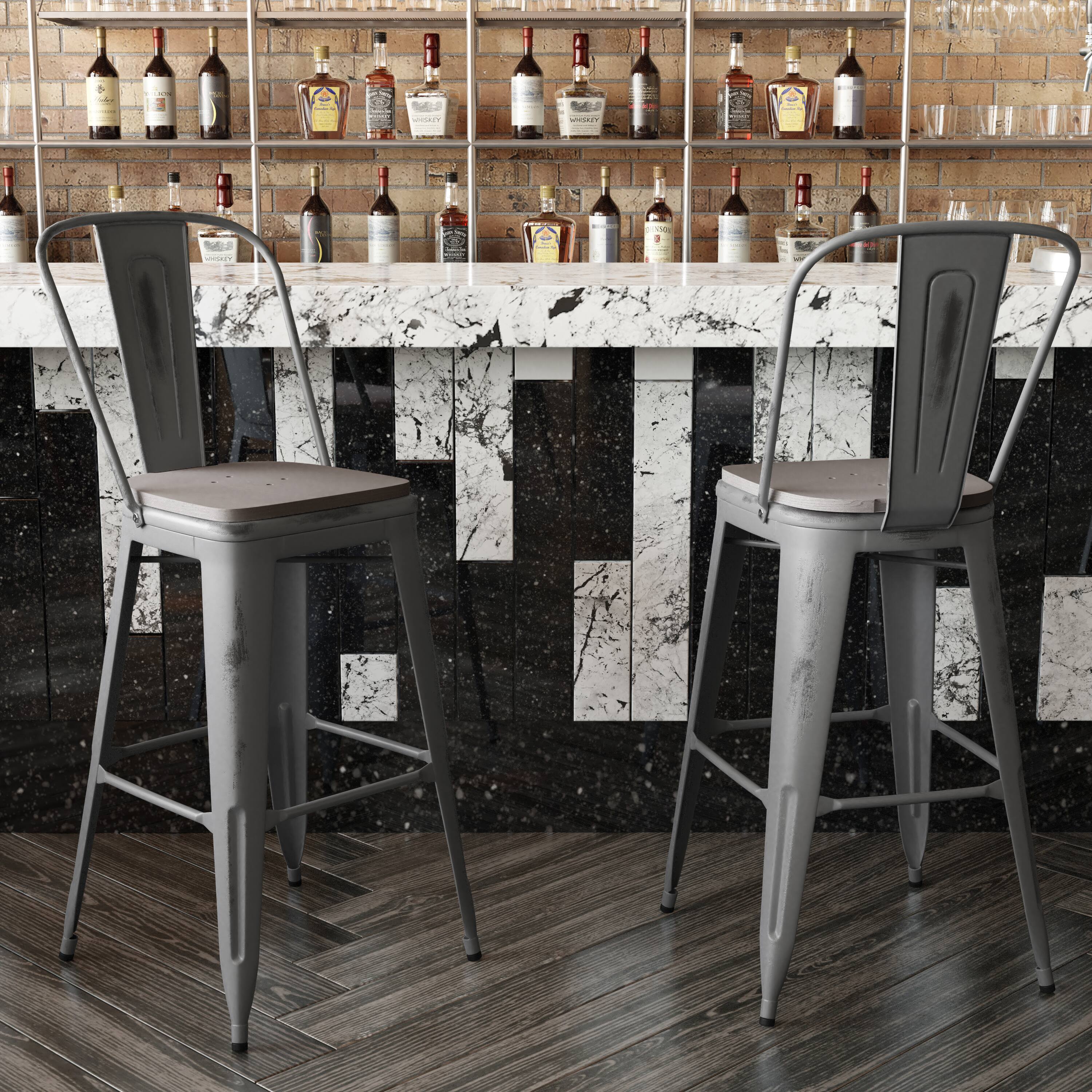 Alt View 3. Emma + Oliver - Grant Clear Coated Metal Stool with Backrest and Polyresin Seat for Indoor Use Only - Gray Seat/Clear Coated Frame.