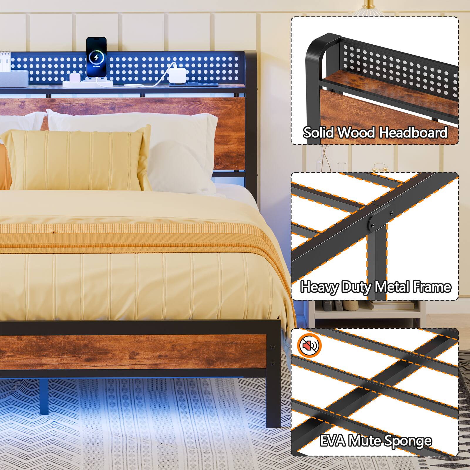 Solid Wood Headboard  
Heavy Duty Metal Frame  
EVA Mute Sponge