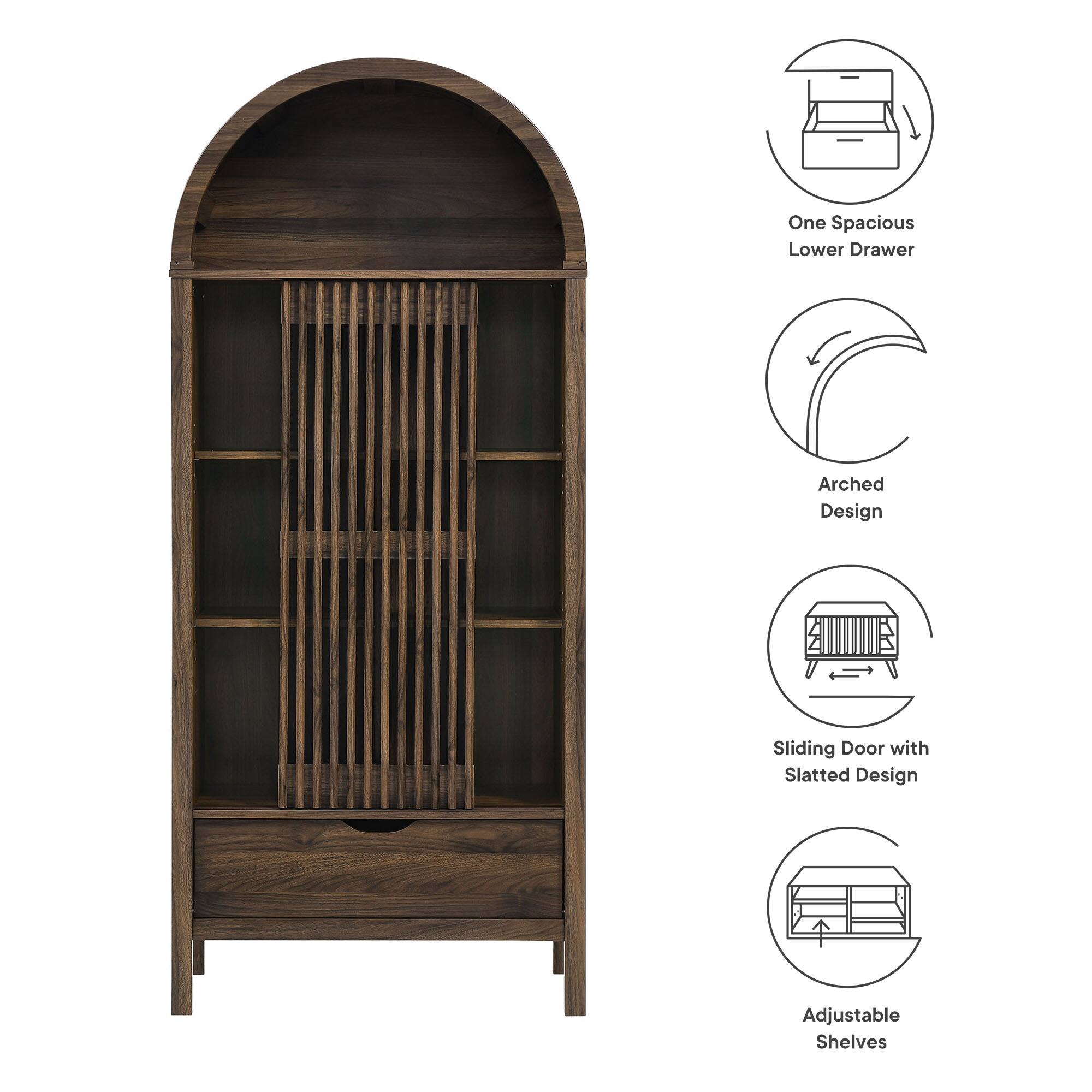 One Spacious Lower Drawer  
Arched Design  
Sliding Door with Slatted Design  
Adjustable Shelves