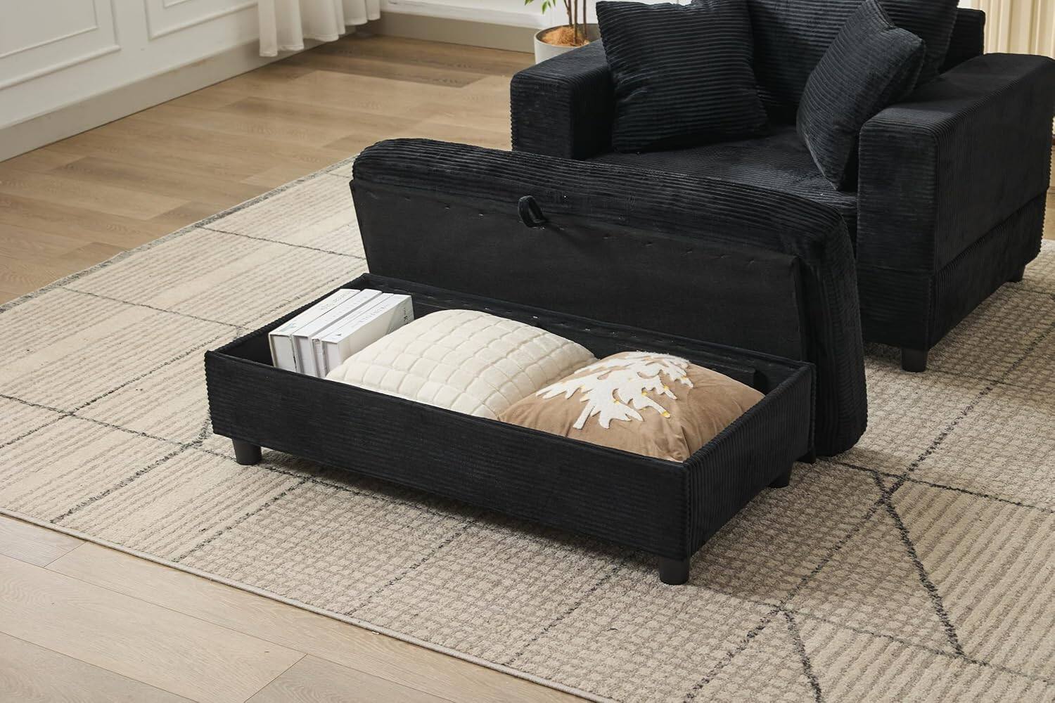 Alt View 4. Trinkets Crazed - Chaise Lounge Chair Indoor, Oversized Corduroy Upholstered Sofa Bed With Removable Storage Ottoman - black.