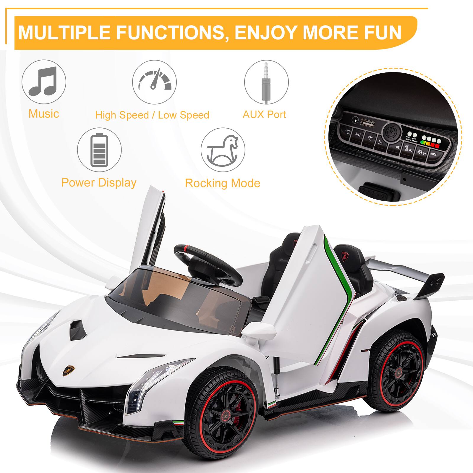 MULTIPLE FUNCTIONS, ENJOY MORE FUN

- Music
- High Speed / Low Speed
- AUX Port
- Power Display
- Rocking Mode