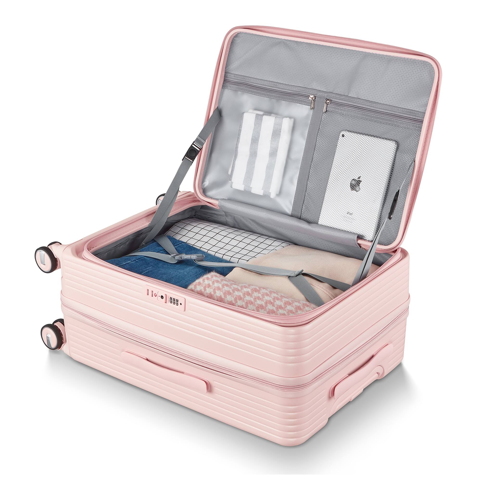 Alt View 1. Ecooso - Expandable 3-Piece Luggage Set, 100% PC Hardshell Suitcases with TSA Lock, Front Pocket and Spinner Wheels, Carry-On - Pink.