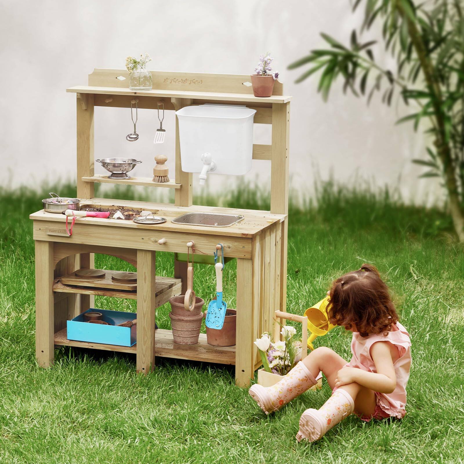 Alt View 8. Tiny Land - Mud Kitchen for Kids, Outdoor Wooden Play Kitchen with 4.5L Water Tank and Working Faucet.