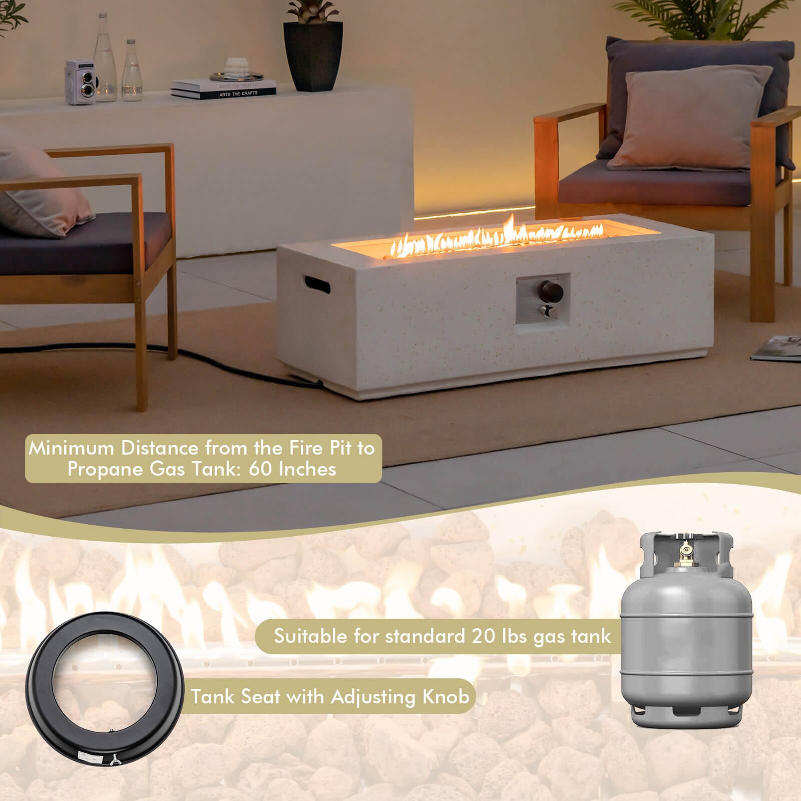 - Minimum Distance from the Fire Pit to Propane Gas Tank: 60 Inches
- Suitable for standard 20 lbs gas tank
- Tank Seat with Adjusting Knob