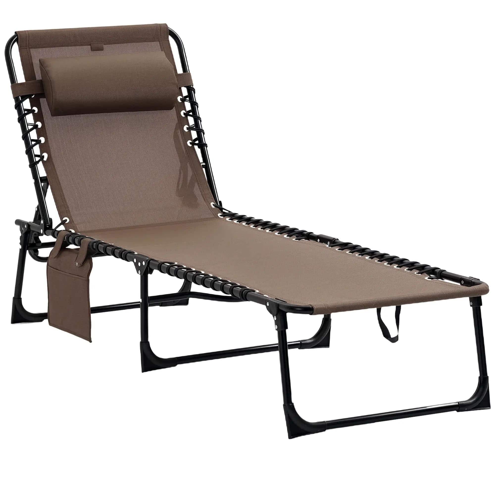 Resenkos - Reclining Chaise Lounge Chair, Portable Sun Lounger, Folding Camping Cot With Adjustable Backrest - Brown