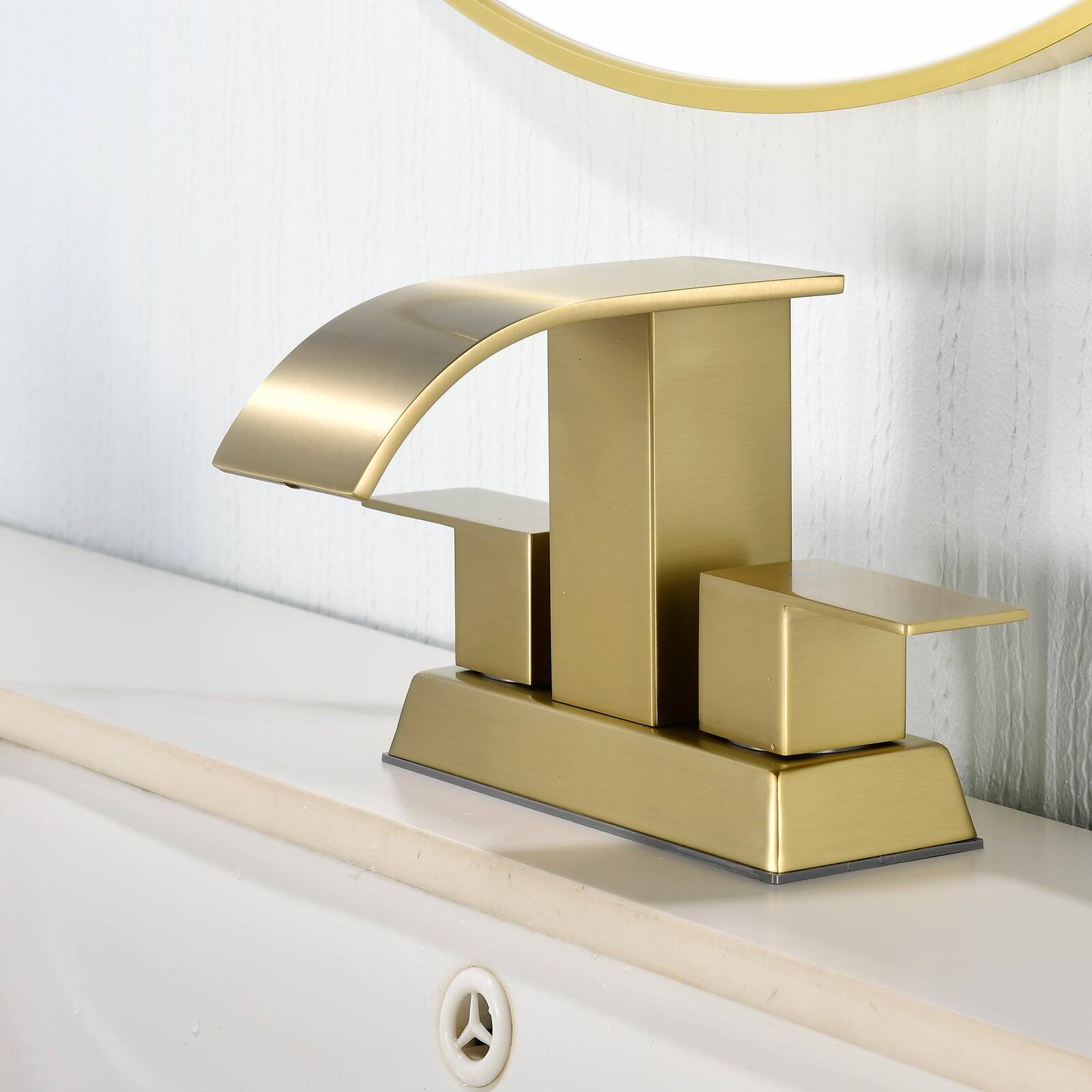 Alt View 2. Boyel Living - Brushed Gold 4 Inch Centerset Faucet SUS304 Waterfall Spout 1.2GPM Dual Handle Pop Up Drain - Brushed Gold.