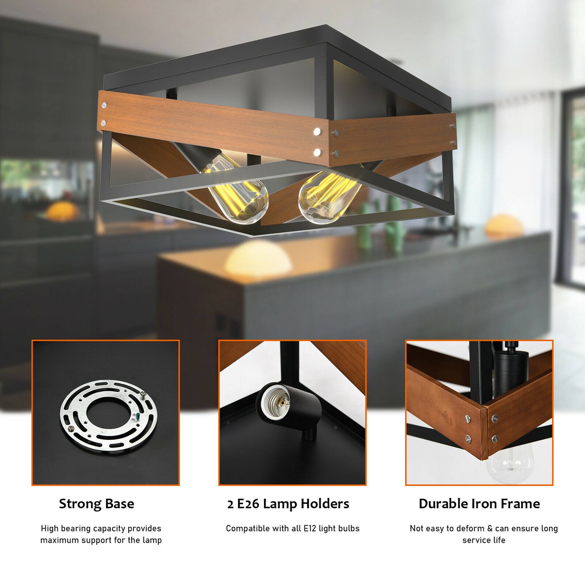 - Strong Base  
  High bearing capacity provides maximum support for the lamp

- 2 E26 Lamp Holders  
  Compatible with all E12 light bulbs

- Durable Iron Frame  
  Not easy to deform & can ensure long service life