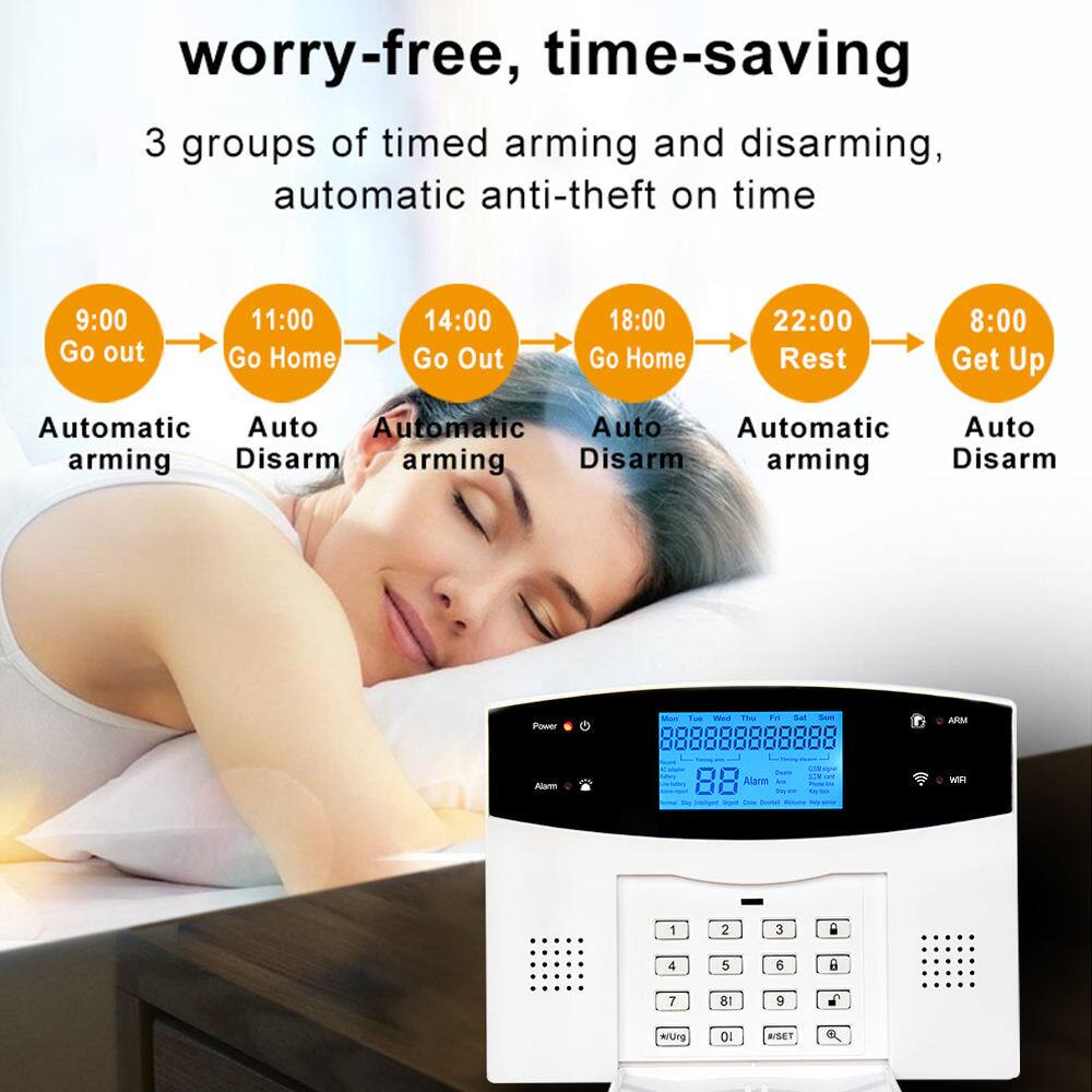 worry-free, time-saving

3 groups of timed arming and disarming, automatic anti-theft on time

- 9:00 Go out: Automatic arming
- 11:00 Go Home: Auto Disarm
- 14:00 Go Out: Automatic arming
- 18:00 Go Home: Auto Disarm
- 22:00 Rest: Automatic arming
- 8:00 Get Up: Auto Disarm