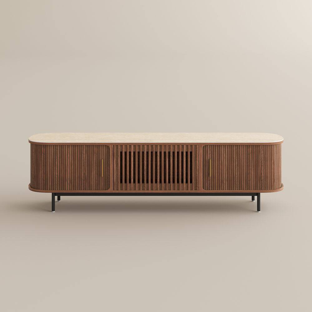 Alt View 5. POVISON - 71" Mid-Century Modern Sintered Stone Tabletop TV Stand ,Walnut - Walnut with Sintered Stone.