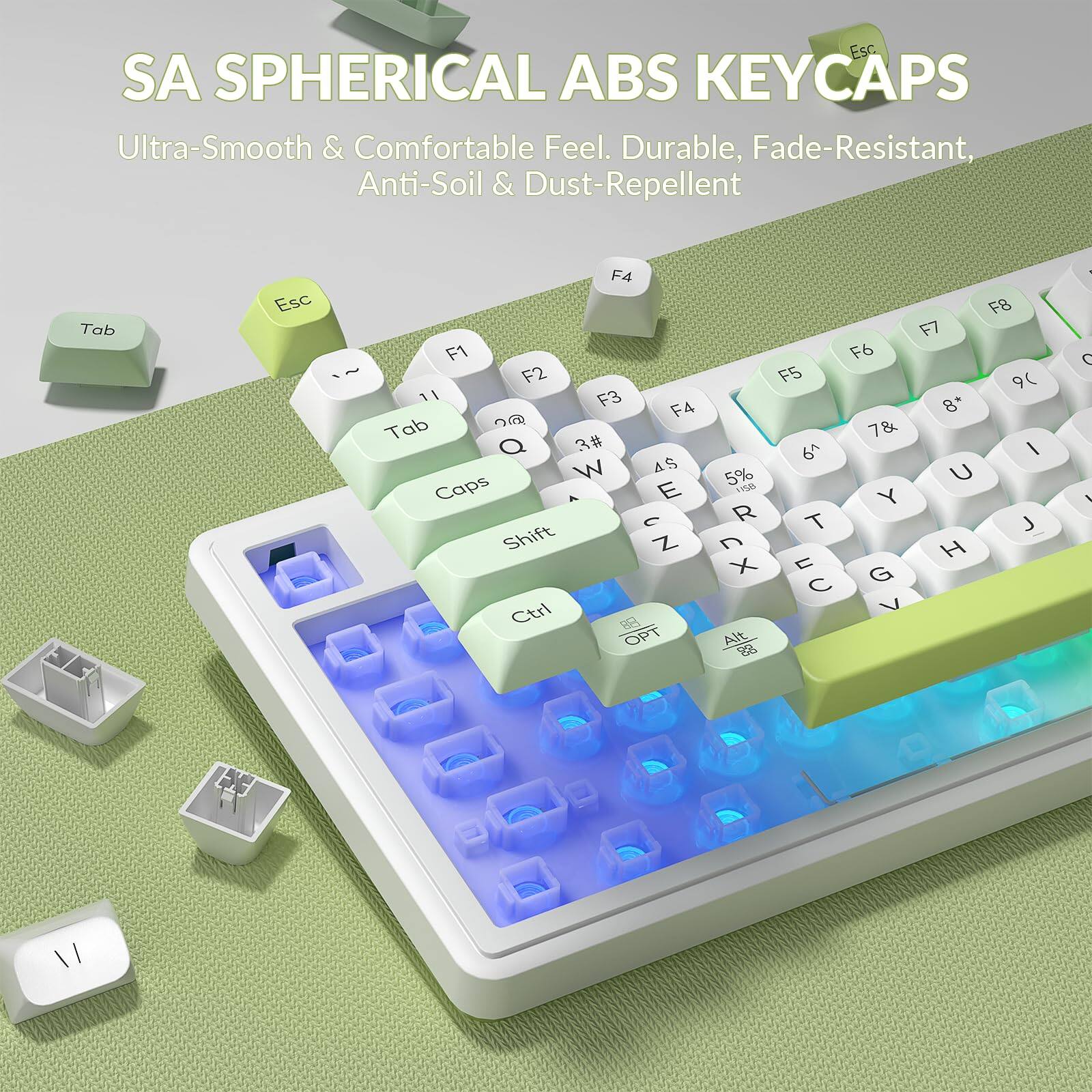 SA SPHERICAL ABS KEYCAPS  
Ultra-Smooth & Comfortable Feel. Durable, Fade-Resistant, Anti-Soil & Dust-Repellent  

Esc  
Tab  
F1  
F2  
F3  
F4  
F5  
F6  
F7  
F8  
Q  
W  
E  
R  
T  
Y  
U  
I  
O  
P  
A  
S  
D  
F  
G  
H  
J  
K  
L  
Z  
X  
C  
V  
B  
N  
M  
Caps  
Shift  
Ctrl  
Alt  
Opt