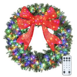 Homcom - 60in Pre-Lit Artificial Xmas Wreath, 3D Red Bow, 11 Modes, Remote, 300 LEDs, 996 Tips, Indoor Outdoor - Green