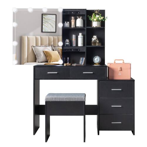 Winado - Vanity Makeup Table Dressing Desk Set Open Shelves 5 Drawers Cabinet 10 LED Lighted Bulbs Sliding Mirror with Stool Set - Black