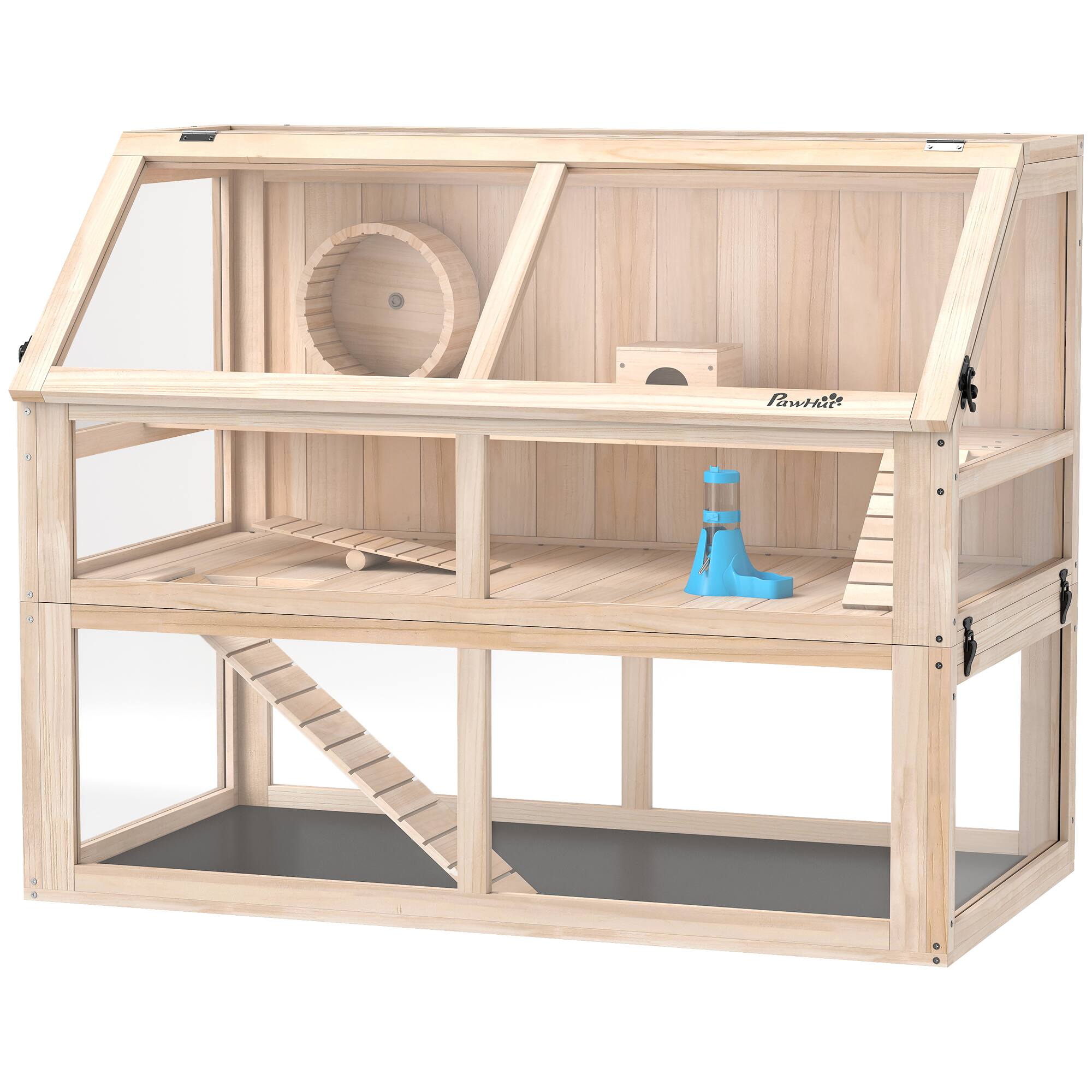 Front. Pawhut - Tier Wooden Hamster Cage w/ Detachable Bottom, Hut, Seesaw, Exercise Wheel, Ramps - Natural Wood.