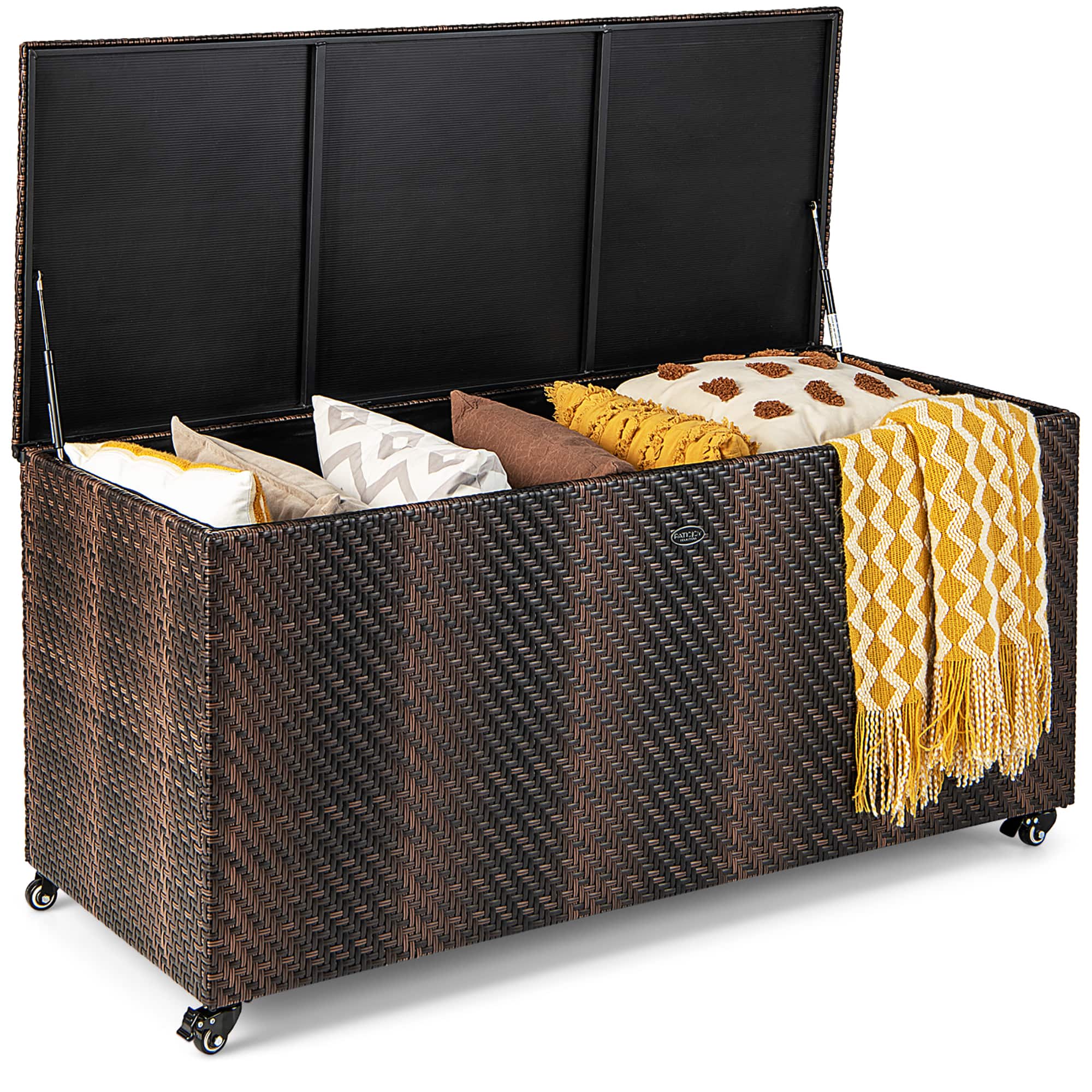 Gymax - 2-in-1 PE Wicker Outdoor Storage Box Furniture Deck Box Garden Tools - Mix Brown