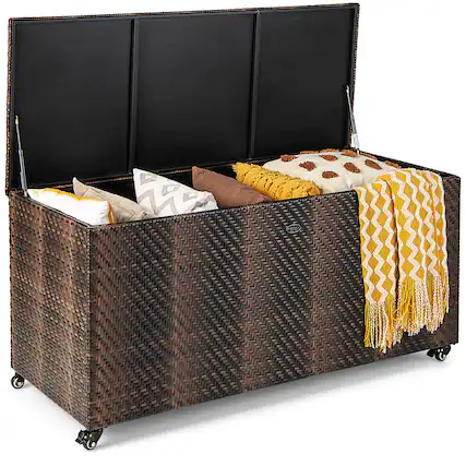 Front. Gymax - Gymax 2-in-1 PE Wicker Outdoor Storage Box Furniture Deck Box Garden Tools Mix Brown - Mix Brown.