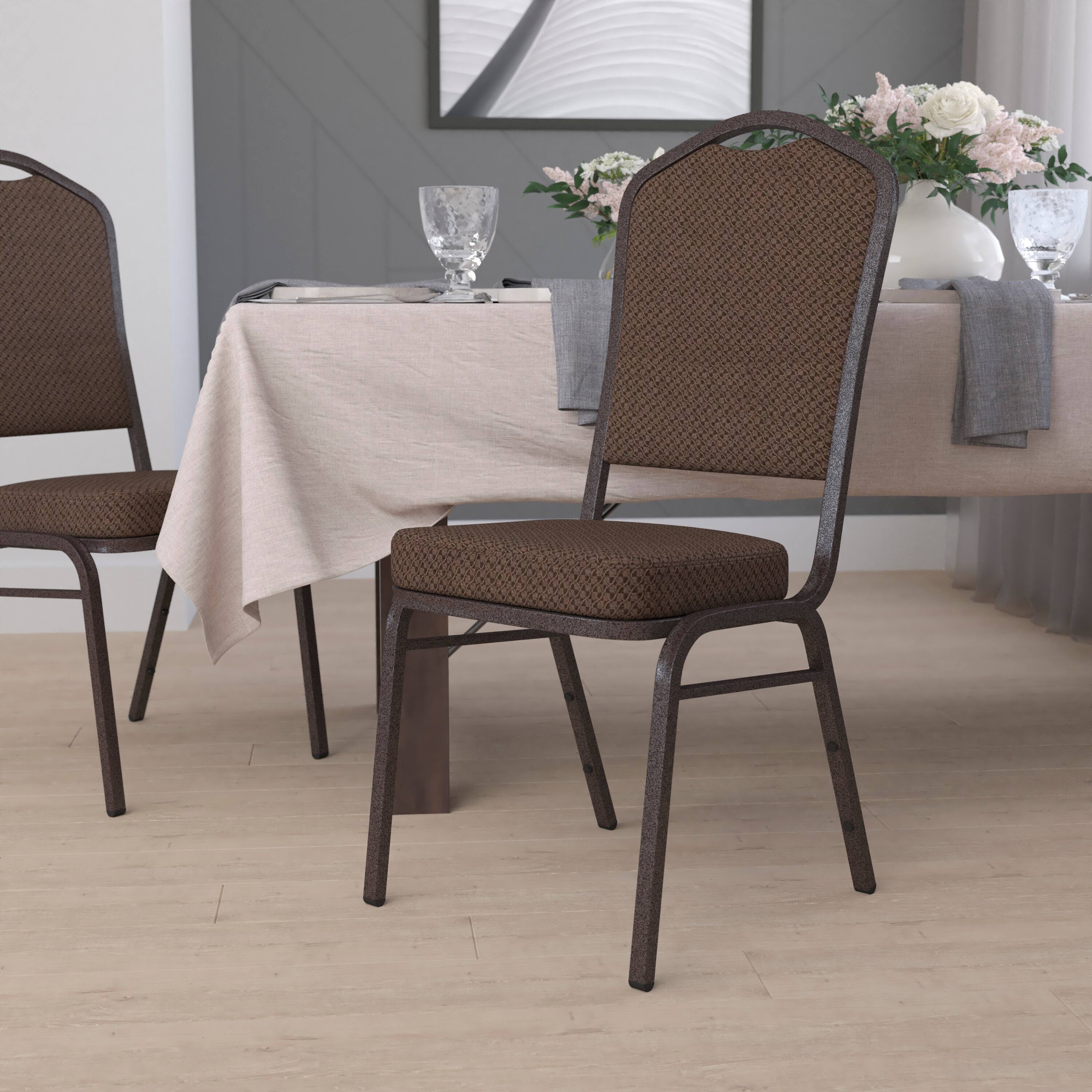 Alt View 1. Emma + Oliver - Crown Back Stacking Banquet Dining Chair - Brown Patterned Fabric/Copper Vein Frame.