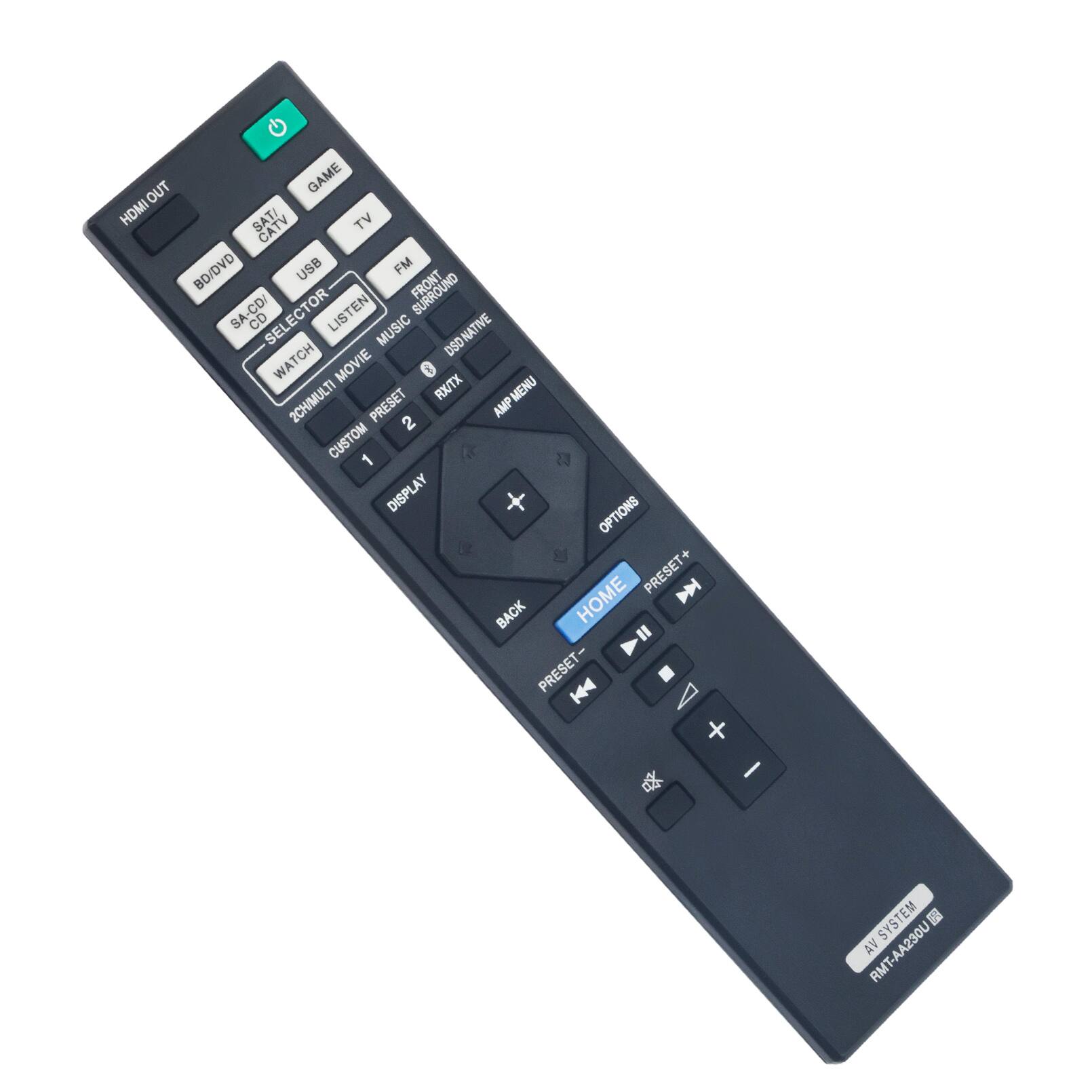 Sure, here is the corrected and grouped text from the image:

- HDMI OUT
- GAME
- TV
- SAT/CATV
- CATV
- BD/DVD
- SACD/CD
- USB
- FM
- FRONT SURROUND
- LISTEN
- MUSIC
- WATCH MOVIE
- CUSTOM 1
- CUSTOM 2
- DISPLAY OPTIONS
- PRESET -
- PRESET +
- HOME
- BACK
- OPTIONS
- AMP MENU
- SYSTEM
- AV SYSTEM
- RMT-AV430U