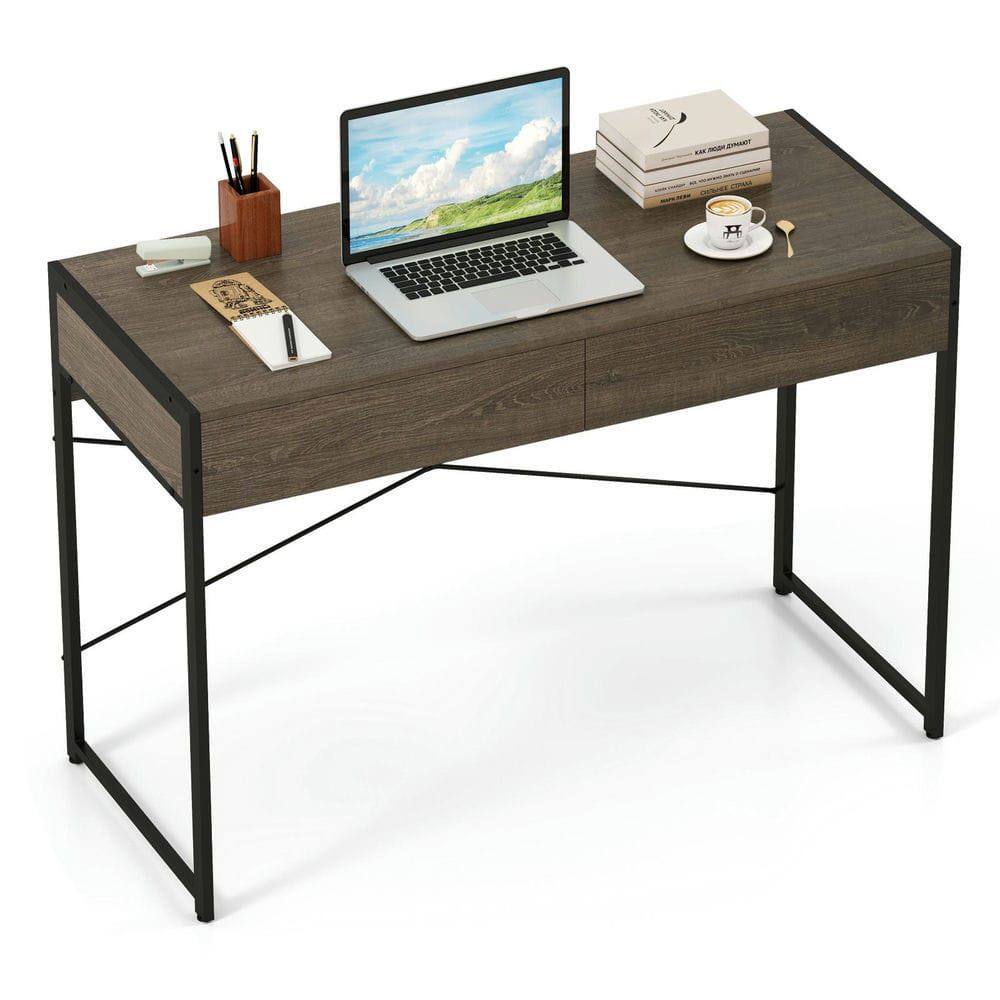 Angle. Kadyn - 44-Inch Home Office Computer Desk - 2 Drawers, Metal Frame, Oak - Brown.