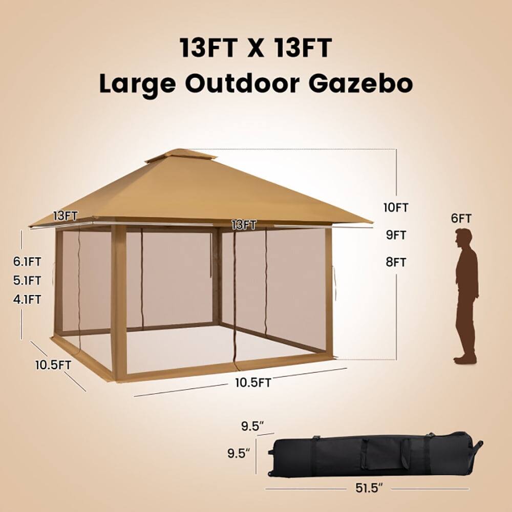 13FT X 13FT Large Outdoor Gazebo

13FT  
13FT  
10FT  
9FT  
6FT  
6.1FT  
5.1FT  
4.1FT  
8FT  
10.5FT  
10.5FT  
9.5"  
9.5"  
51.5"