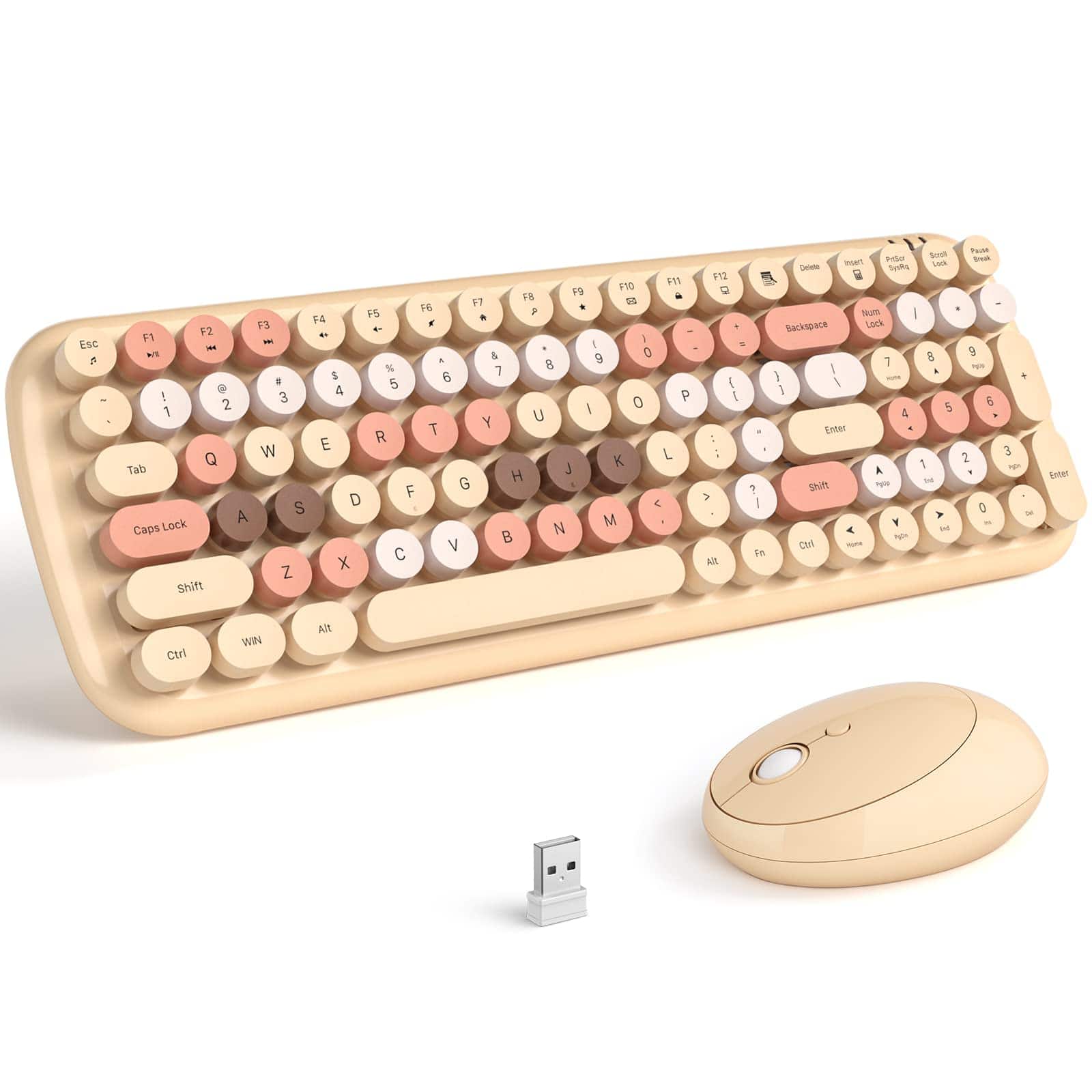 Earthley Blooms - Wireless And Mouse Combo - Lovely Green Rainbow Full-sized Typewriter Colorful Keyboards Round Keycap Usb - Light Milktea