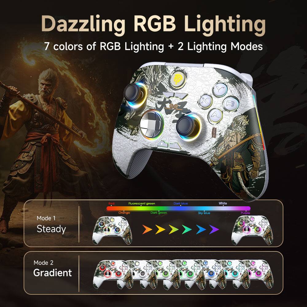 Dazzling RGB Lighting  
7 colors of RGB Lighting + 2 Lighting Modes  

Mode 1  
Steady  

Mode 2  
Gradient  

Colors:  
Red, Orange, Fluorescent green, Dark green, Dark blue, Sky blue, White, Purple