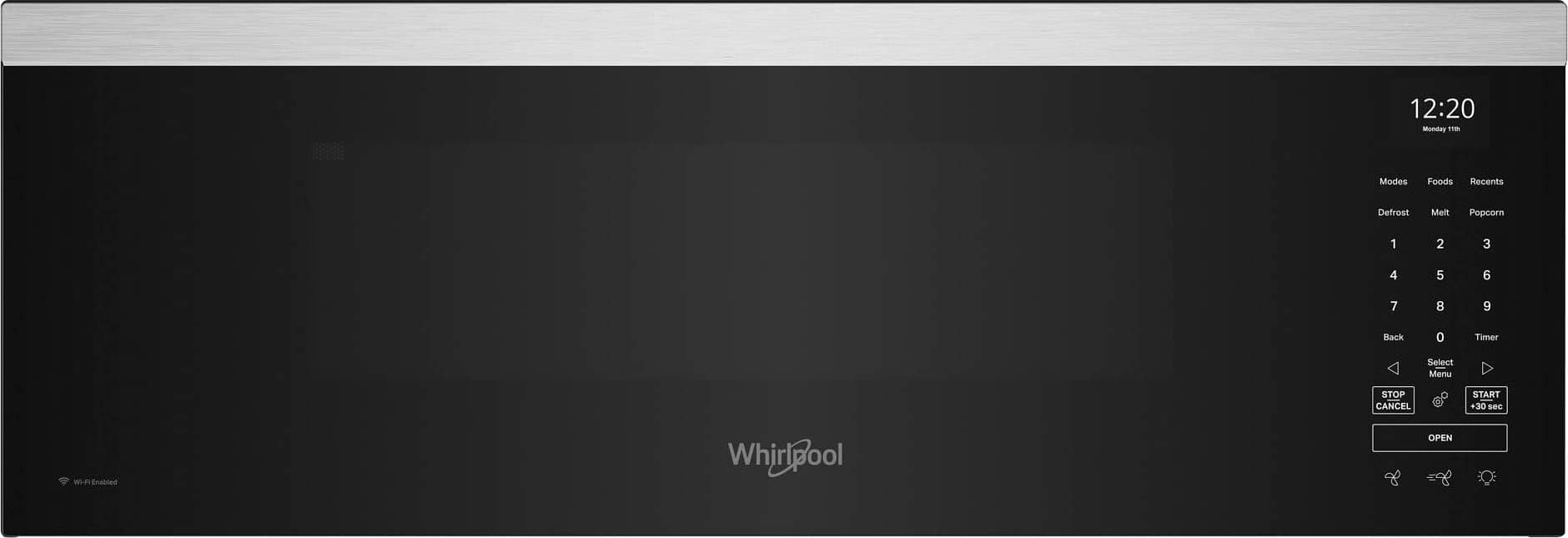 The text on the image reads:
12:20 Monday
Modes: Foods, Recents, Defrost, Mel, Popcorn
1 2 3 4 5 6 7 8 9 Back
0 Timer
Select Menu
STOP
CANCEL
START +30 sec
Wi-n Enabled
WhirlPool
OPEN