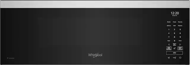 The text on the image reads:
12:20 Monday
Modes: Foods, Recents, Defrost, Mel, Popcorn
1 2 3 4 5 6 7 8 9 Back
0 Timer
Select Menu
STOP
CANCEL
START +30 sec
Wi-n Enabled
WhirlPool
OPEN