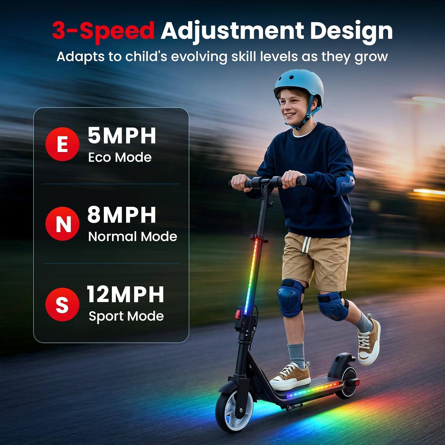 3-Speed Adjustment Design  
Adapts to child's evolving skill levels as they grow

5MPH E Eco Mode  
8MPH N Normal Mode  
12MPH S Sport Mode