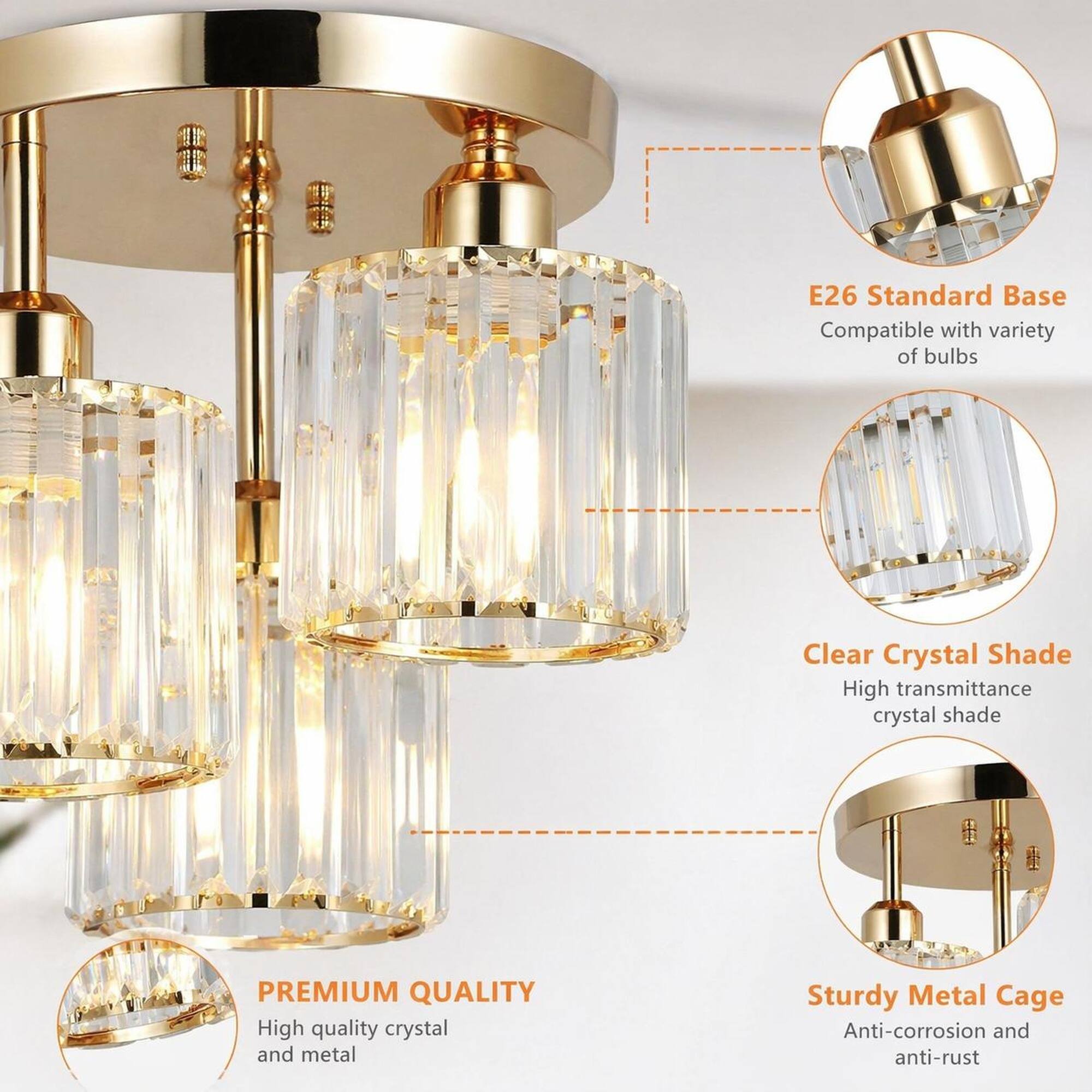 E26 Standard Base Compatible with variety of bulbs

Clear Crystal Shade High transmittance crystal shade

PREMIUM QUALITY High quality crystal and metal

Sturdy Metal Cage Anti-corrosion and anti-rust