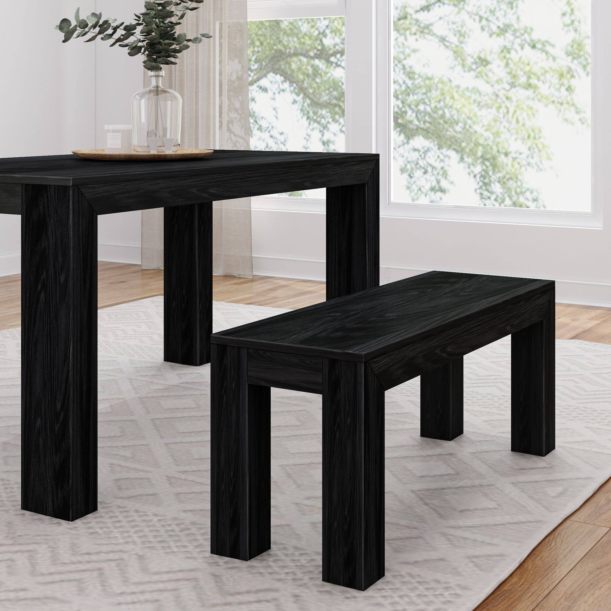 Front. Plank+Beam - Modern Dining Room Bench (49in / 1244mm), Black Wirebrush - Black Wirebrush.