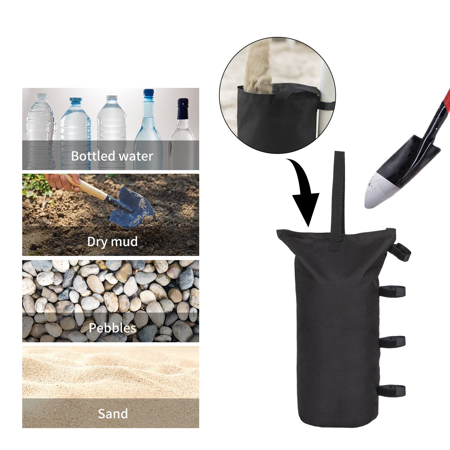 Bottled water, Dry mud, Pebbles, Sand