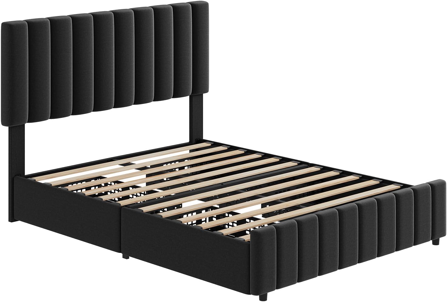 Alt View 4. Jojoka - King Size Platform Bed Frame with 4 Storage Drawers, Adjustable Headboard, Wood Slats, No Box Spring, Black - Black.