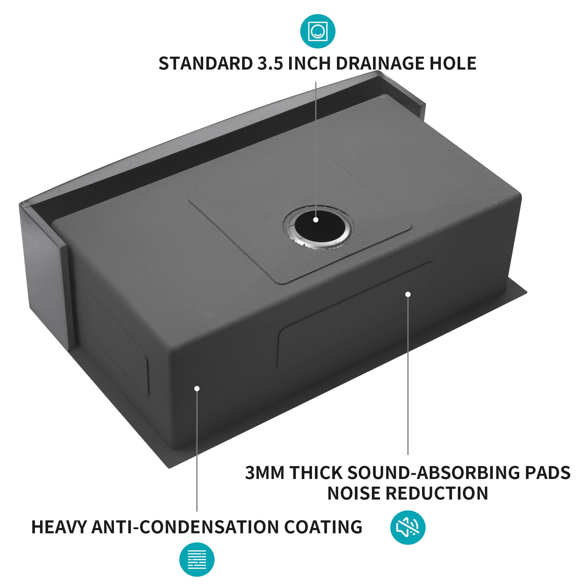 STANDARD 3.5 INCH DRAINAGE HOLE  
3MM THICK SOUND-ABSORBING PADS  
NOISE REDUCTION  
HEAVY ANTI-CONDENSATION COATING