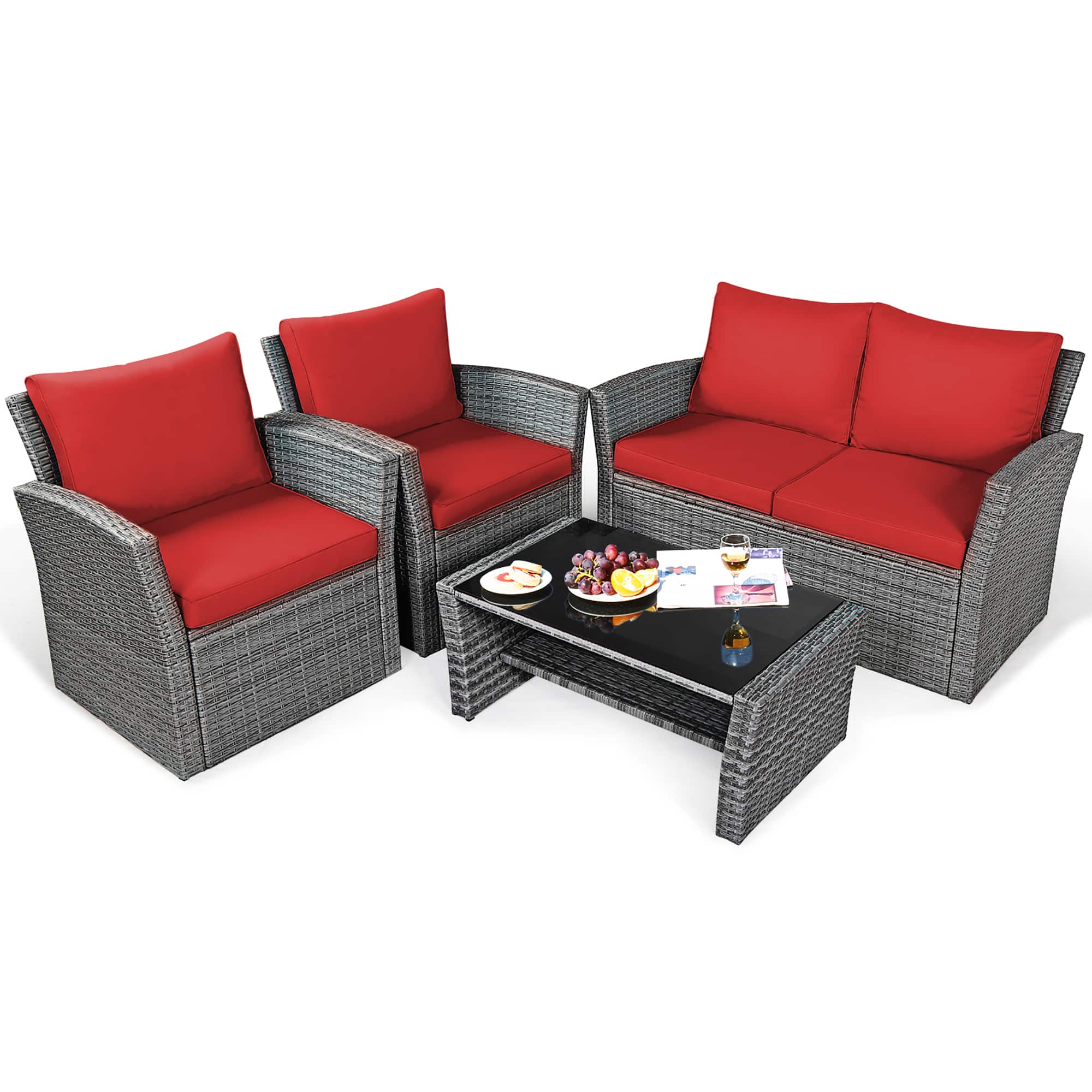 Costway - 4PCS Patio Rattan Furniture Set Sofa Table W/Storage Shelf Cushion - Red price history on PriceWatchPro