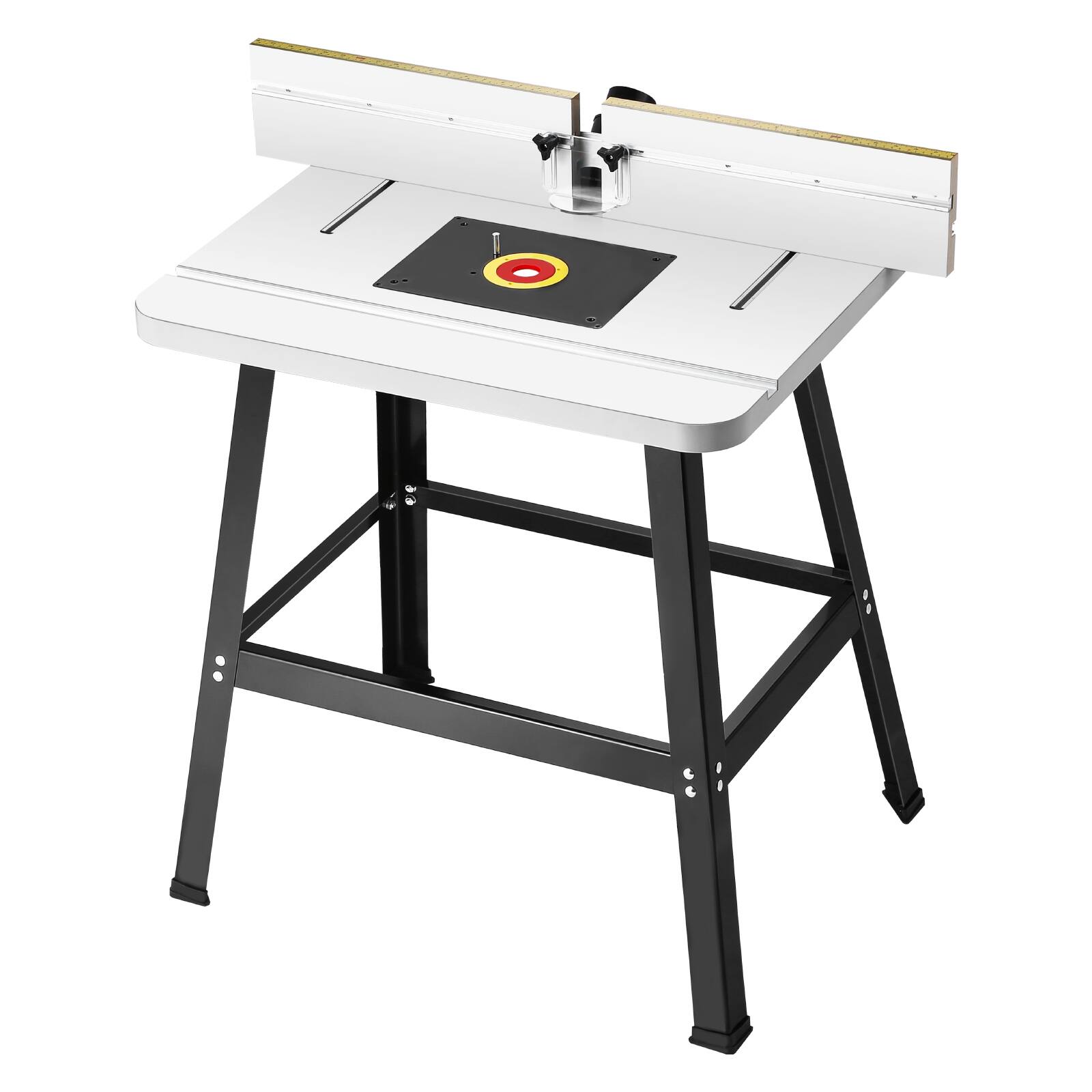 Front. VEVOR - Precision Router Table System, 31.5 in x 23.9 in, Routing Table Accessory Kit with Adjustable Fence, MDF Top - White top with black base.