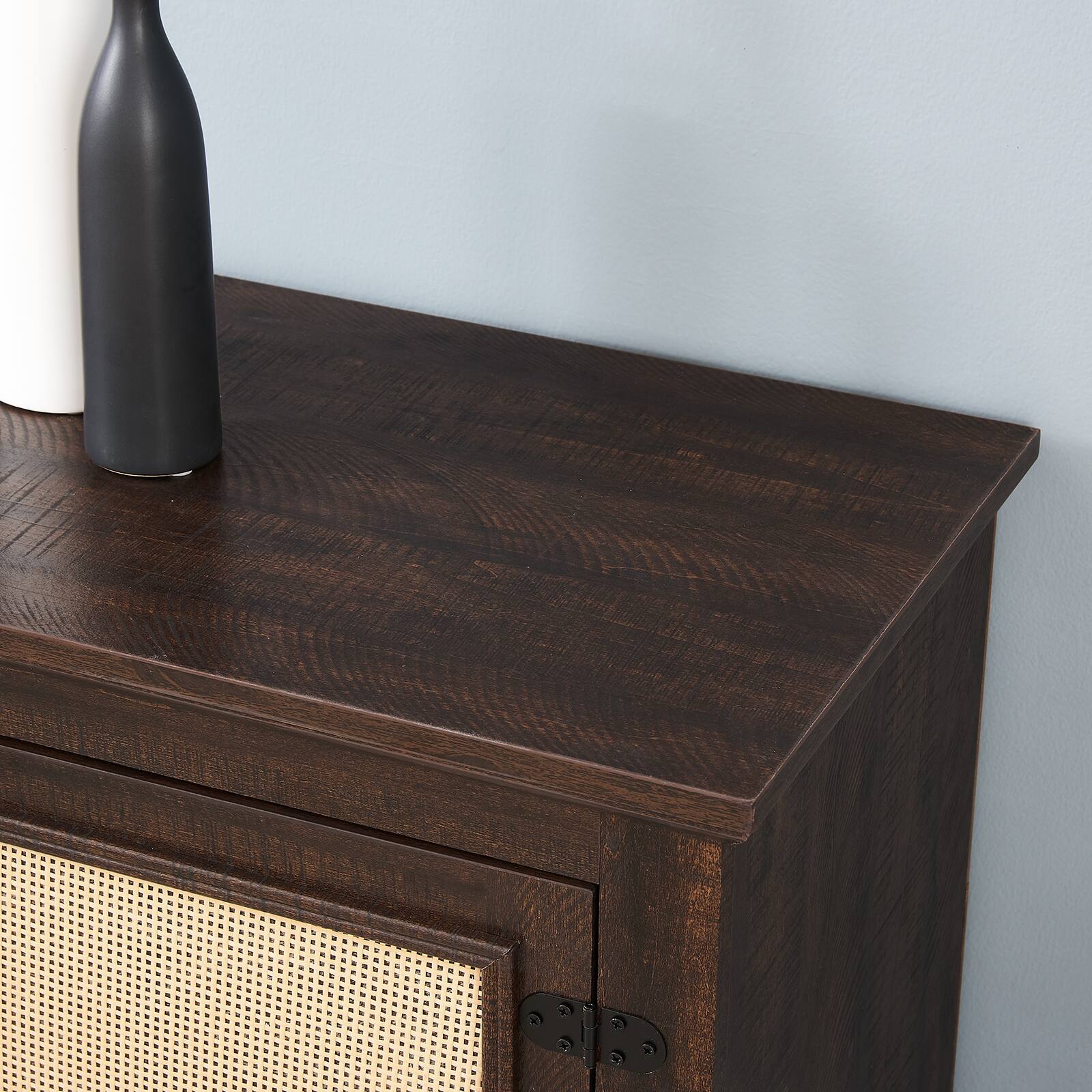 Alt View 1. Chateau Abodes - 65" Farmhouse TV Stand with Natural Rattan Doors, Adjustable Wood Shelf & 23" Fireplace Insert for up to 70" TVs - Espresso.